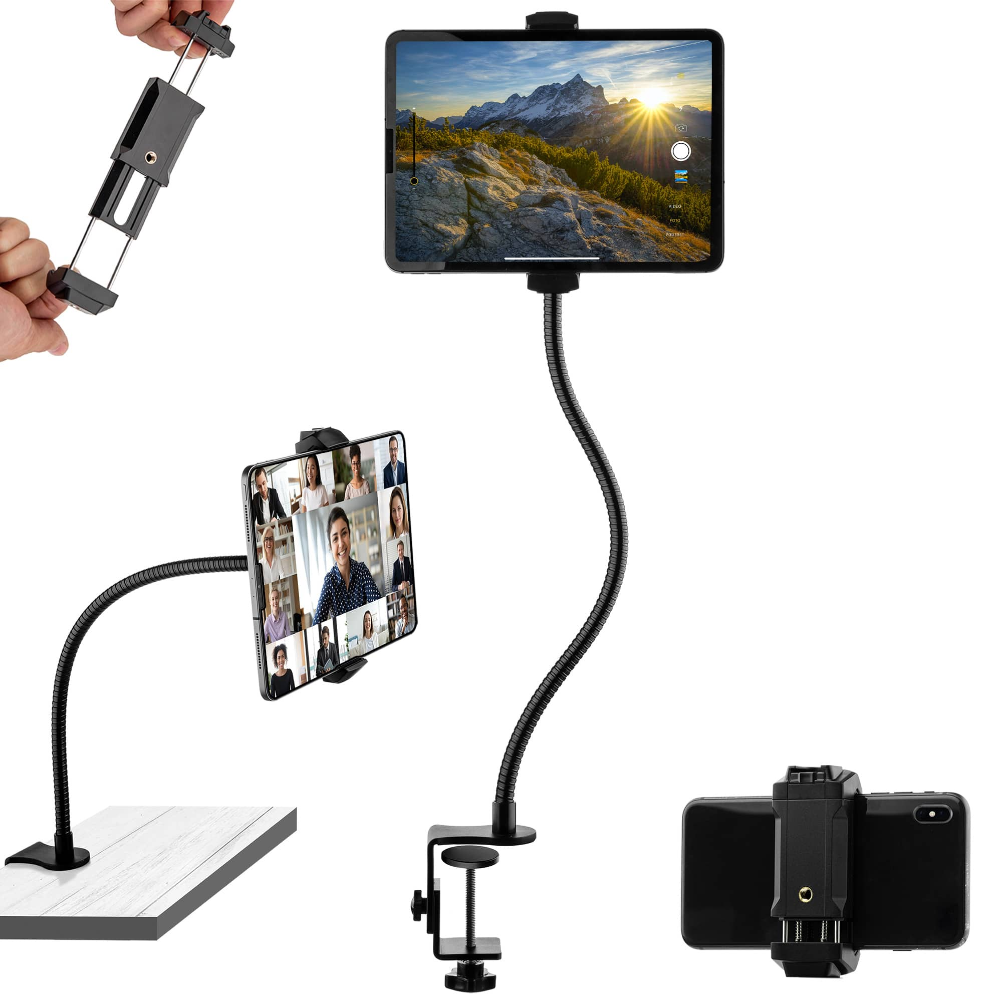 Een tablet- en telefoonhouder met een flexibele nek en klem. Witte achtergrond.