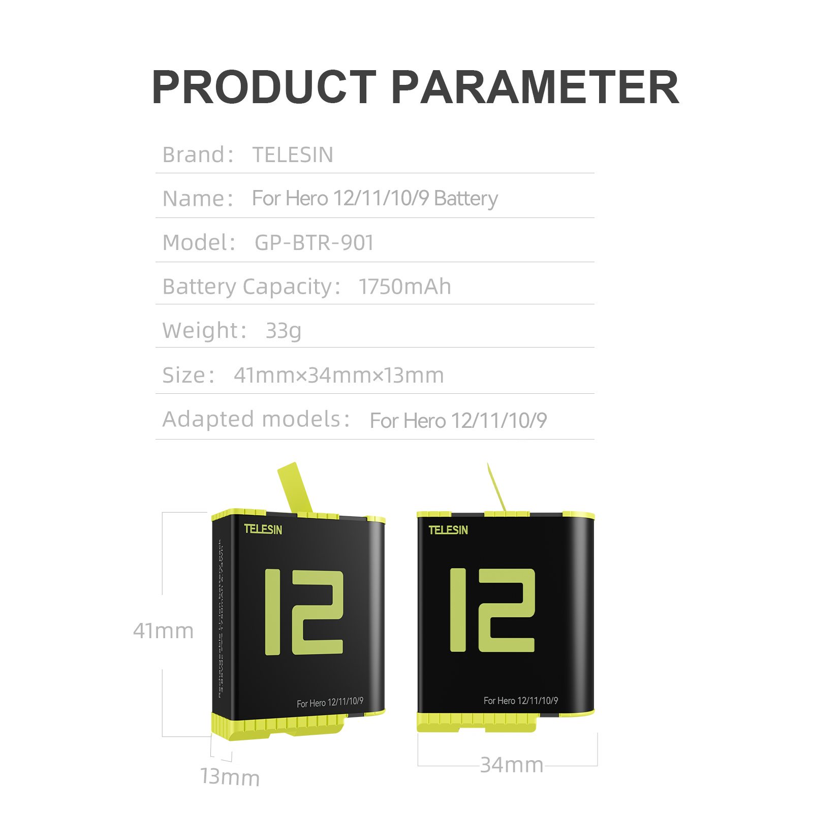 Twee zwarte batterijen met gele accenten. Tekst en afmetingen zijn afgedrukt. Witte achtergrond.