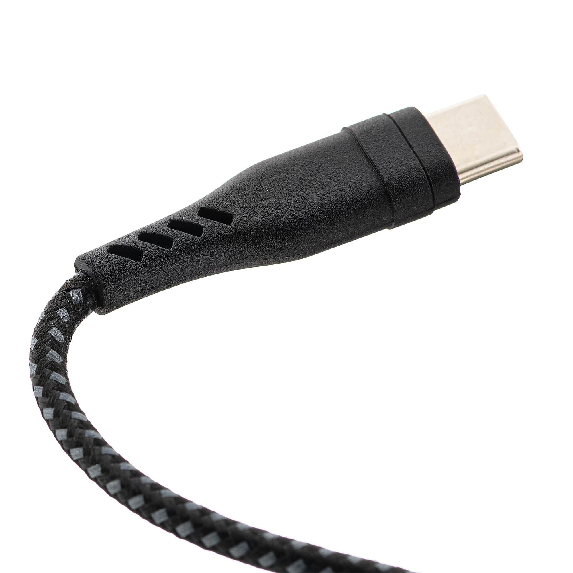 Une extrémité de câble USB-C noire avec un câble tressé noir et gris.