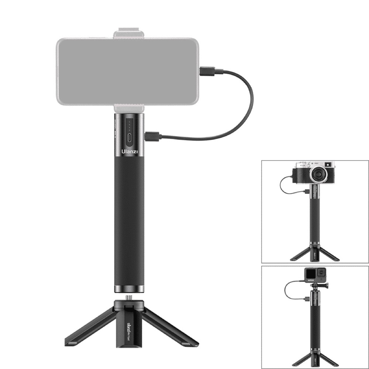 Een telefoon is bevestigd aan een selfiestick met een statiefbasis. Extra camera's worden ook getoond.