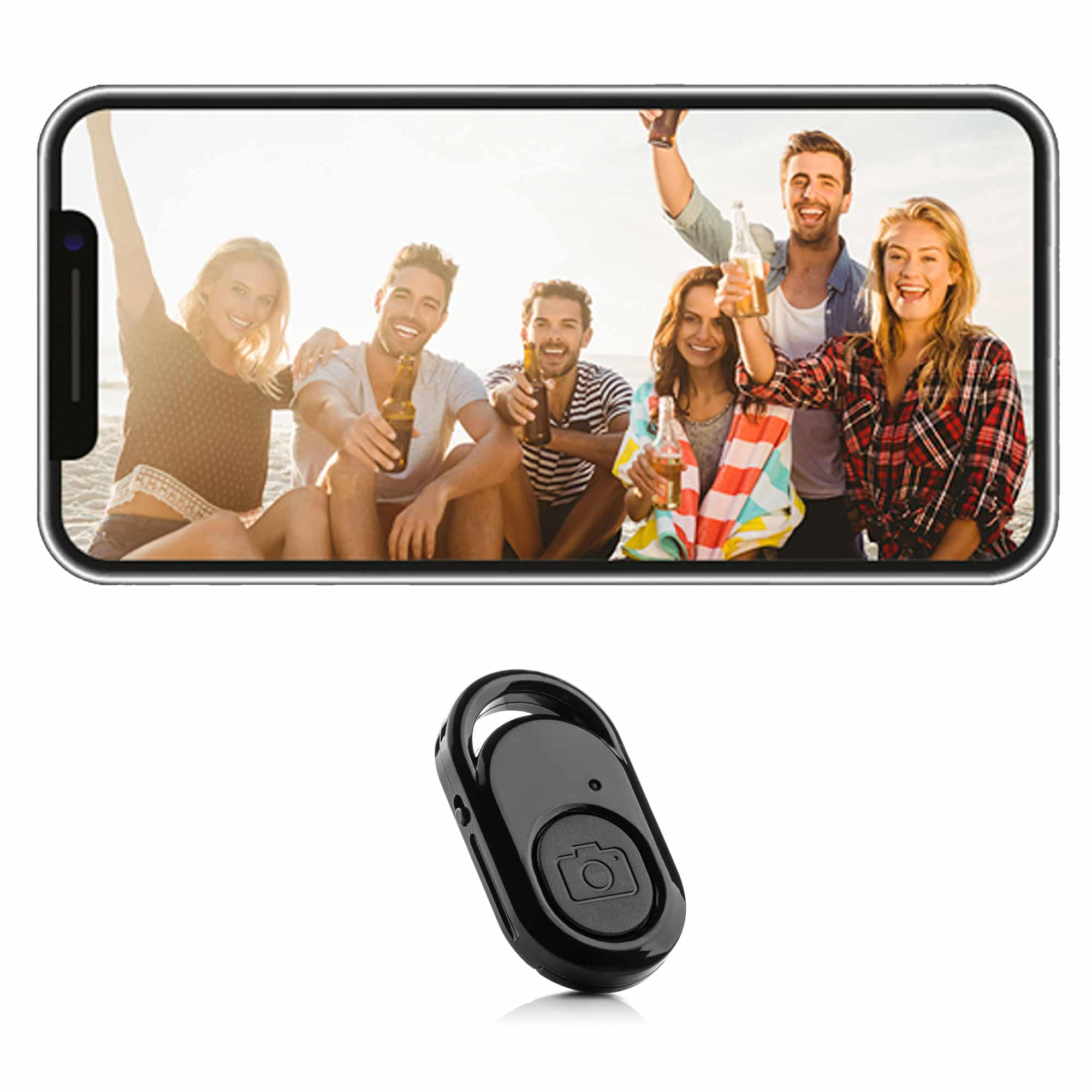 A phone displays a beach party scene. A black remote control with a camera icon sits at the bottom.