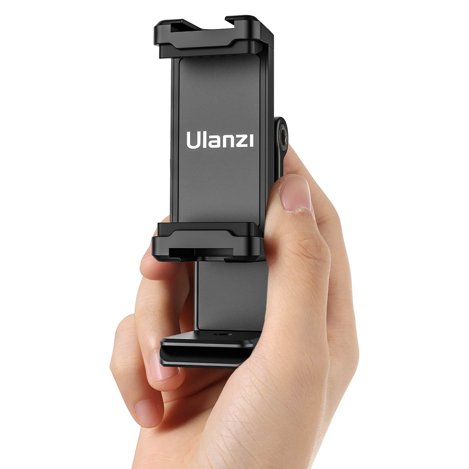 Support de téléphone Ulanzi noir, tenu dans une main, avec le logo Ulanzi visible.