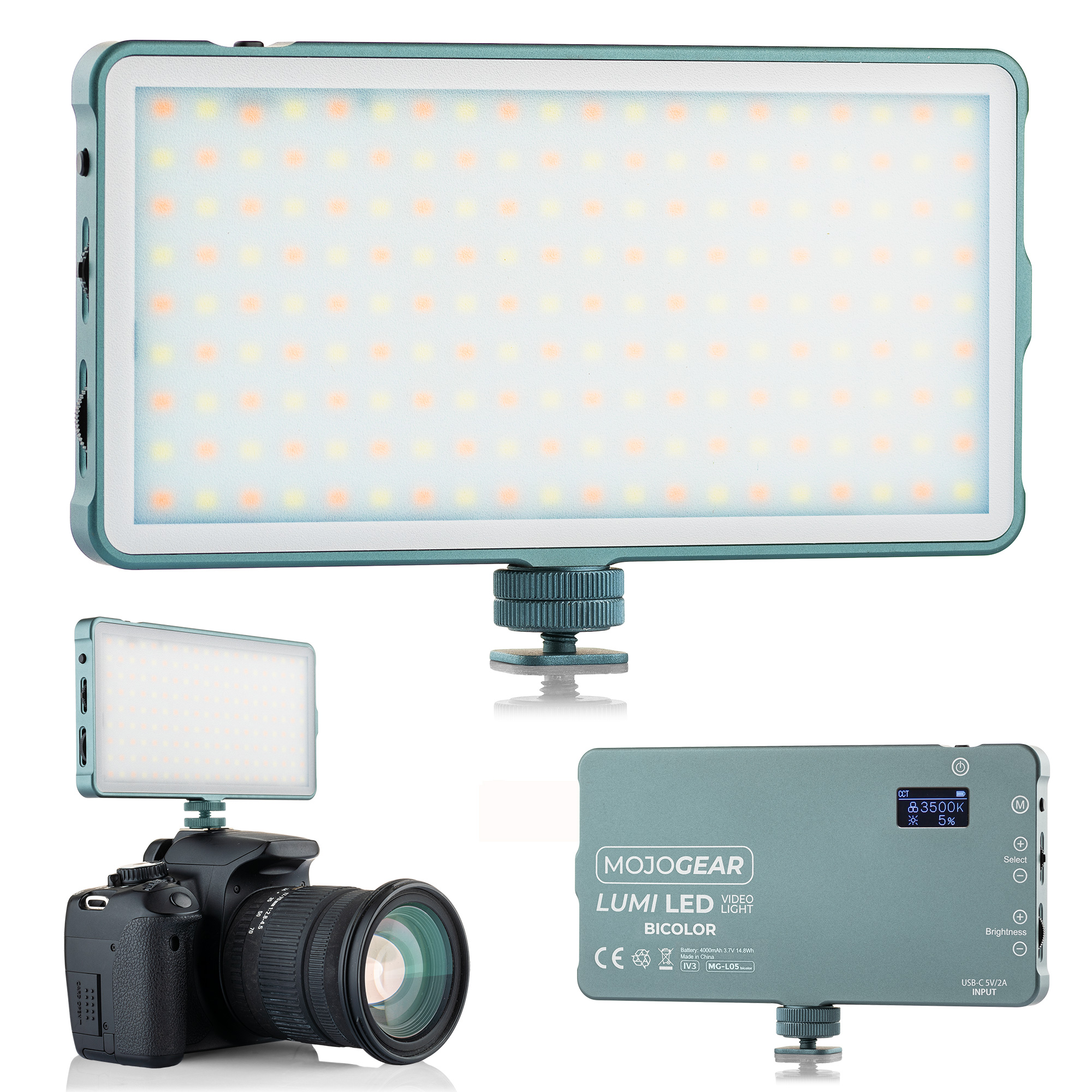 LED-lichtpaneel en camera. Camera op een statief. Witte achtergrond.