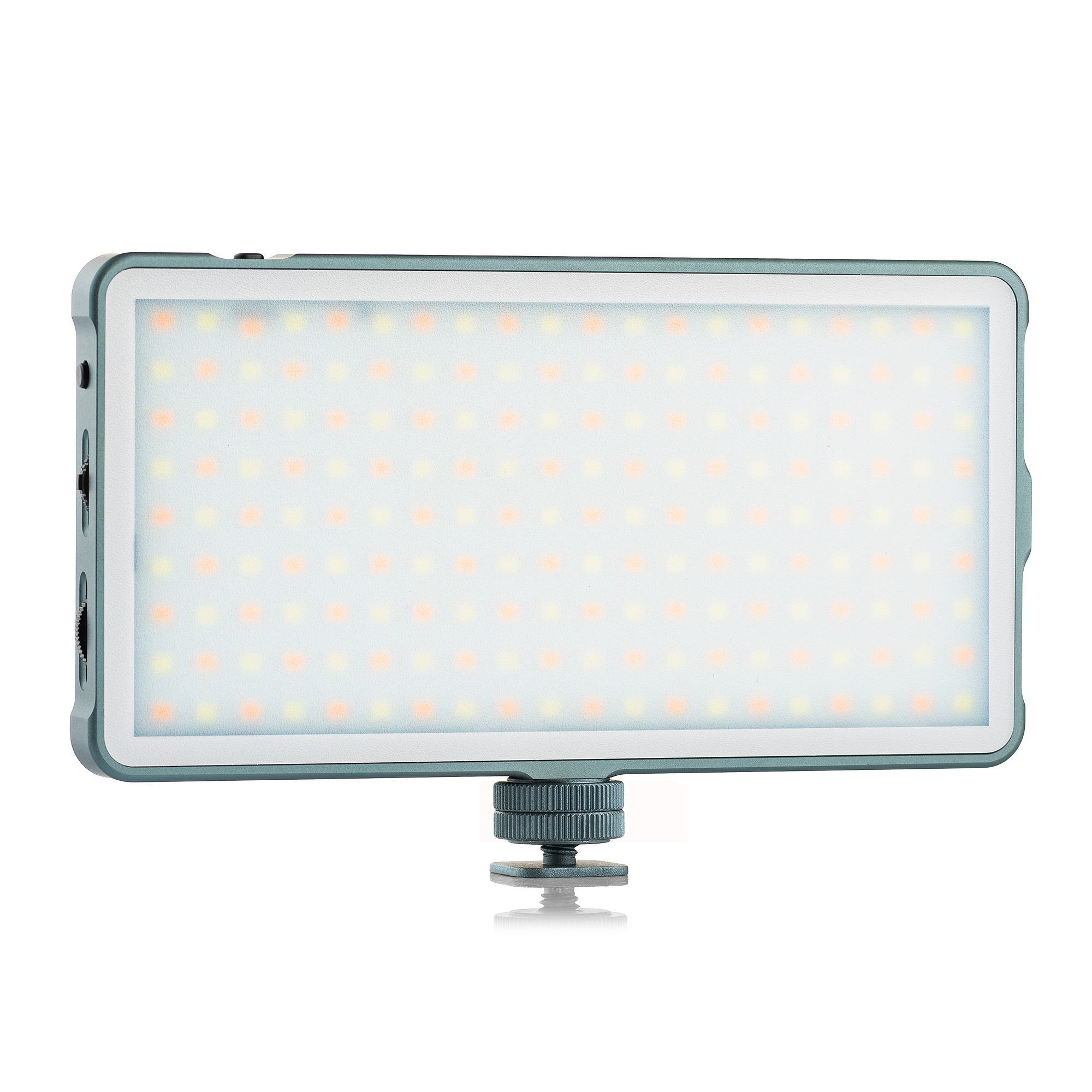 Een rechthoekige LED-lamp met een grijs frame. Het licht is aan.