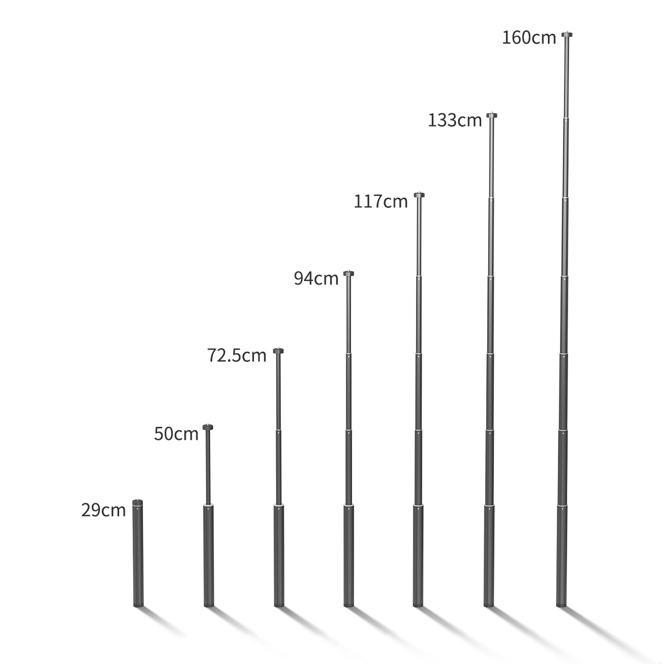 Perches télescopiques de différentes hauteurs, de 29 cm à 160 cm.