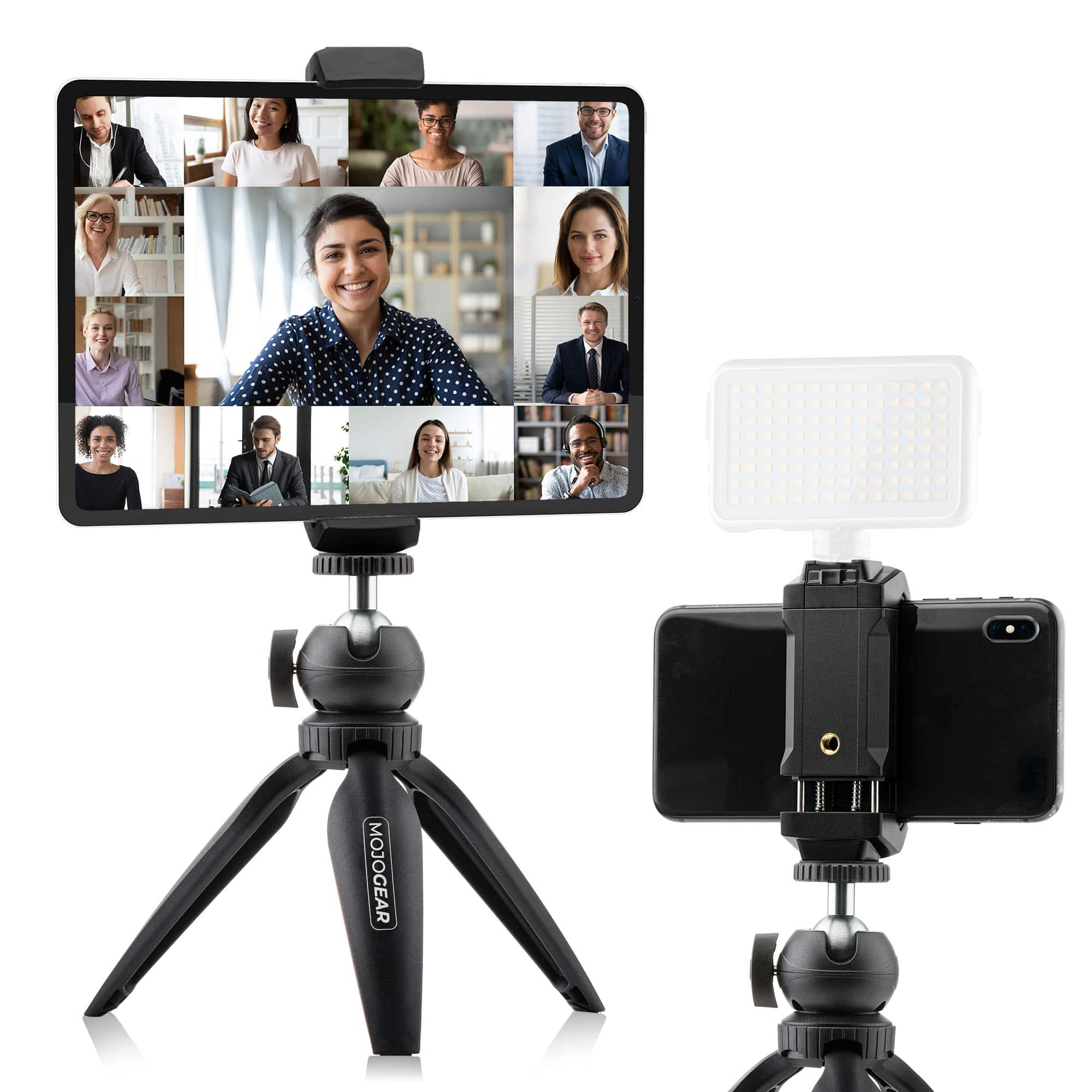 Een tablet met een videobel, een telefoon met licht en een statief. Alle items op een wit oppervlak.