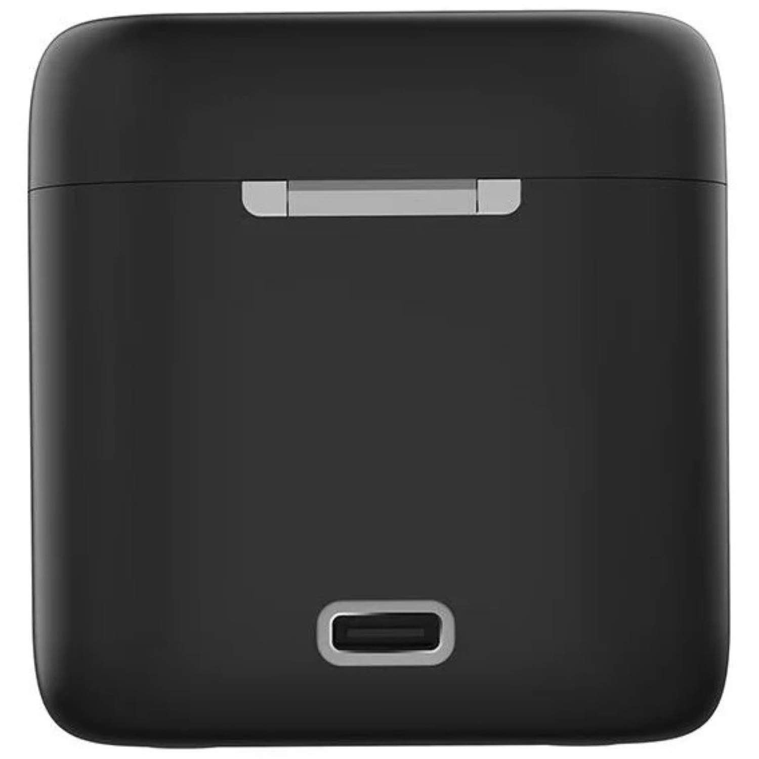A black charging case for wireless earbuds. It has a charging port and a small silver bar.