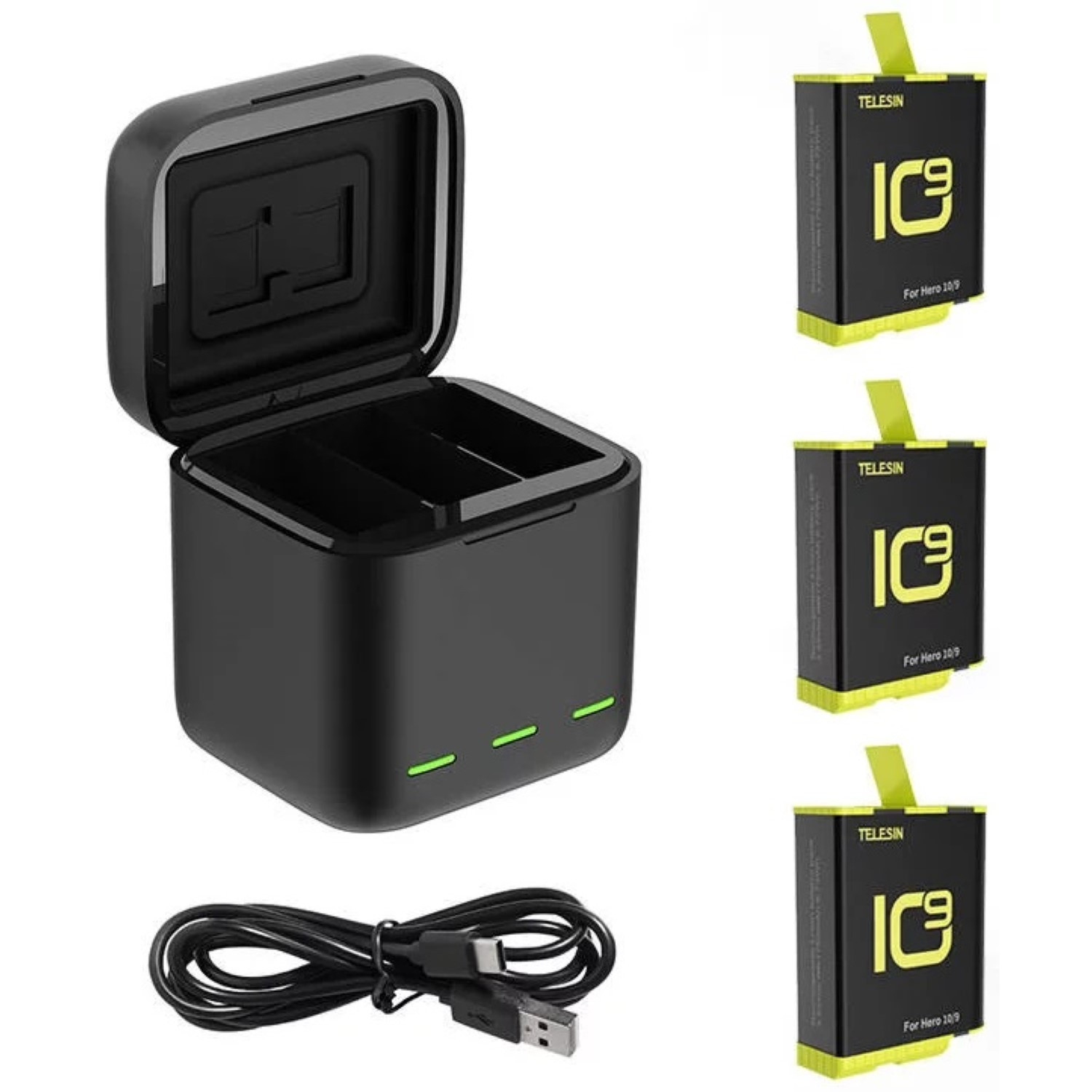 Black charger with three battery slots, and three black batteries with yellow accents.