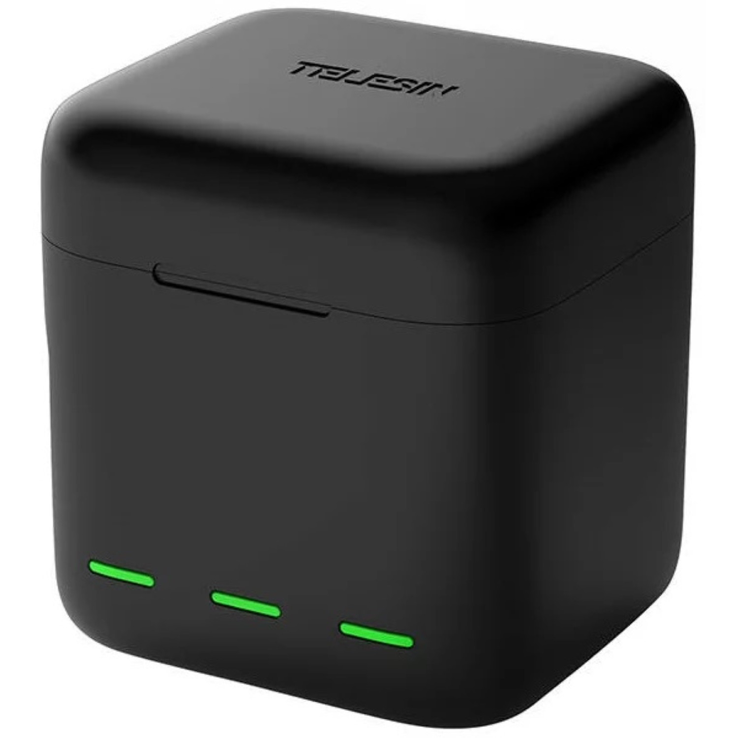 Black charging case with green lights, with the brand name TELESIN on top.