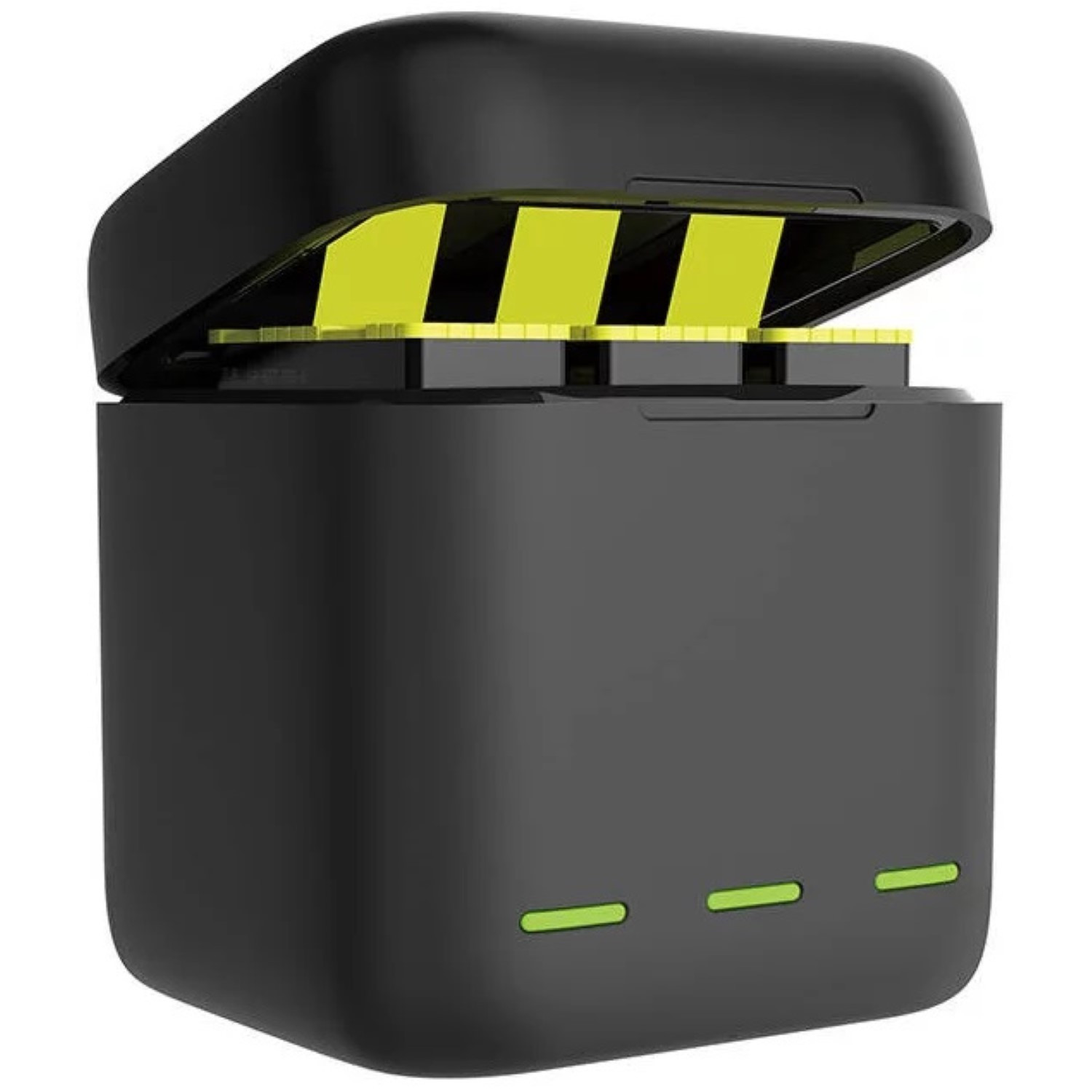 Black charging case with three green lights, open lid with two batteries inside.