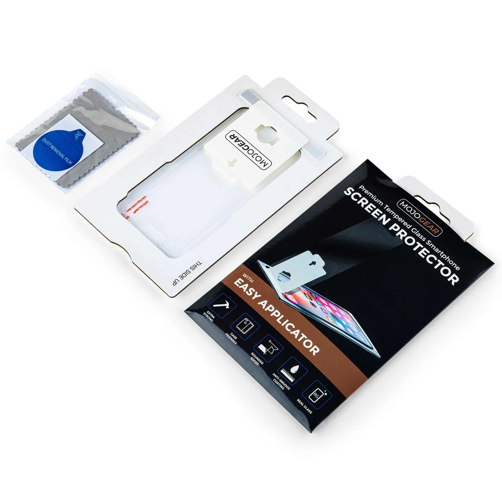 Screen protector kit, with a screen protector, cleaning cloth, and applicator.