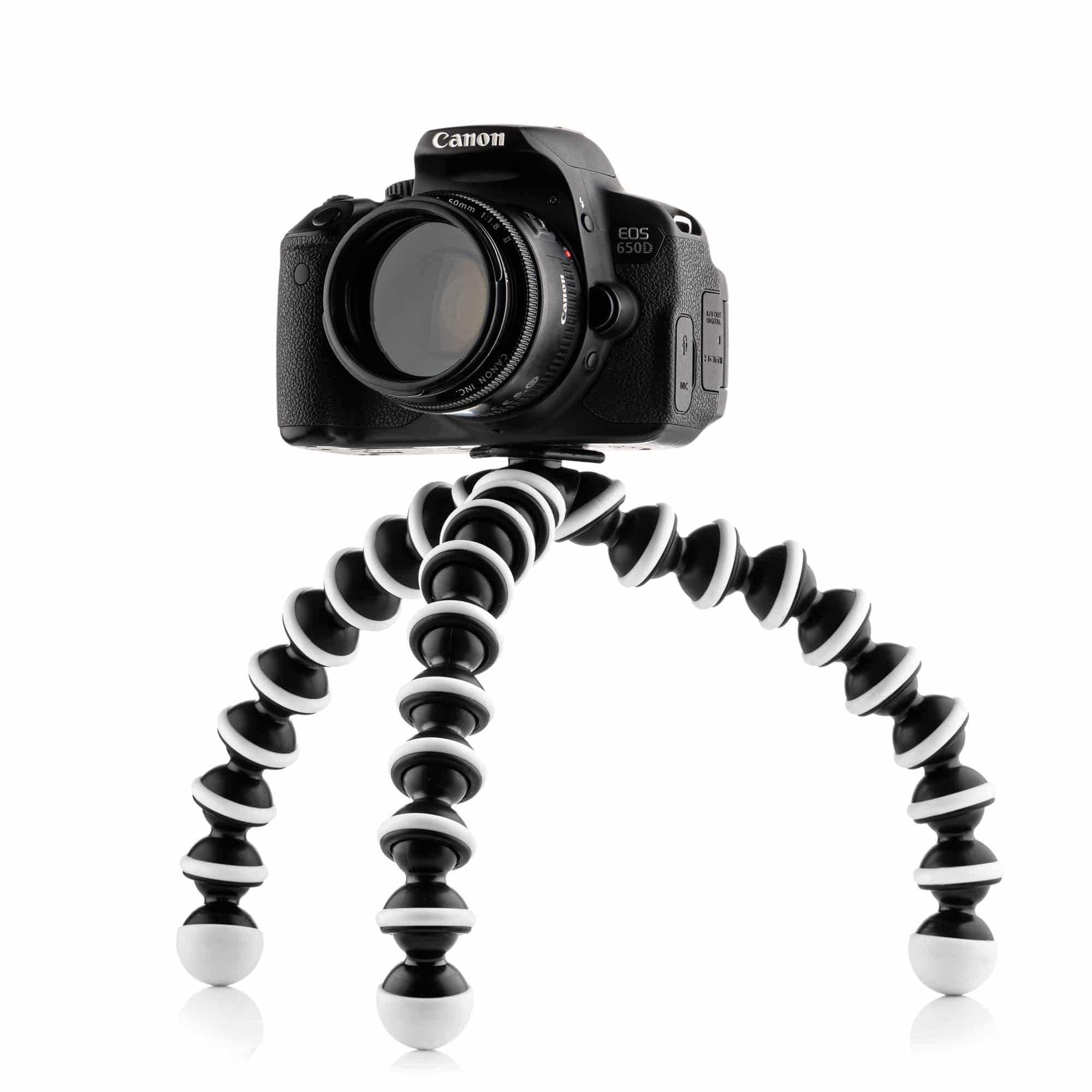Black Canon camera mounted on a flexible black and white tripod. White background.