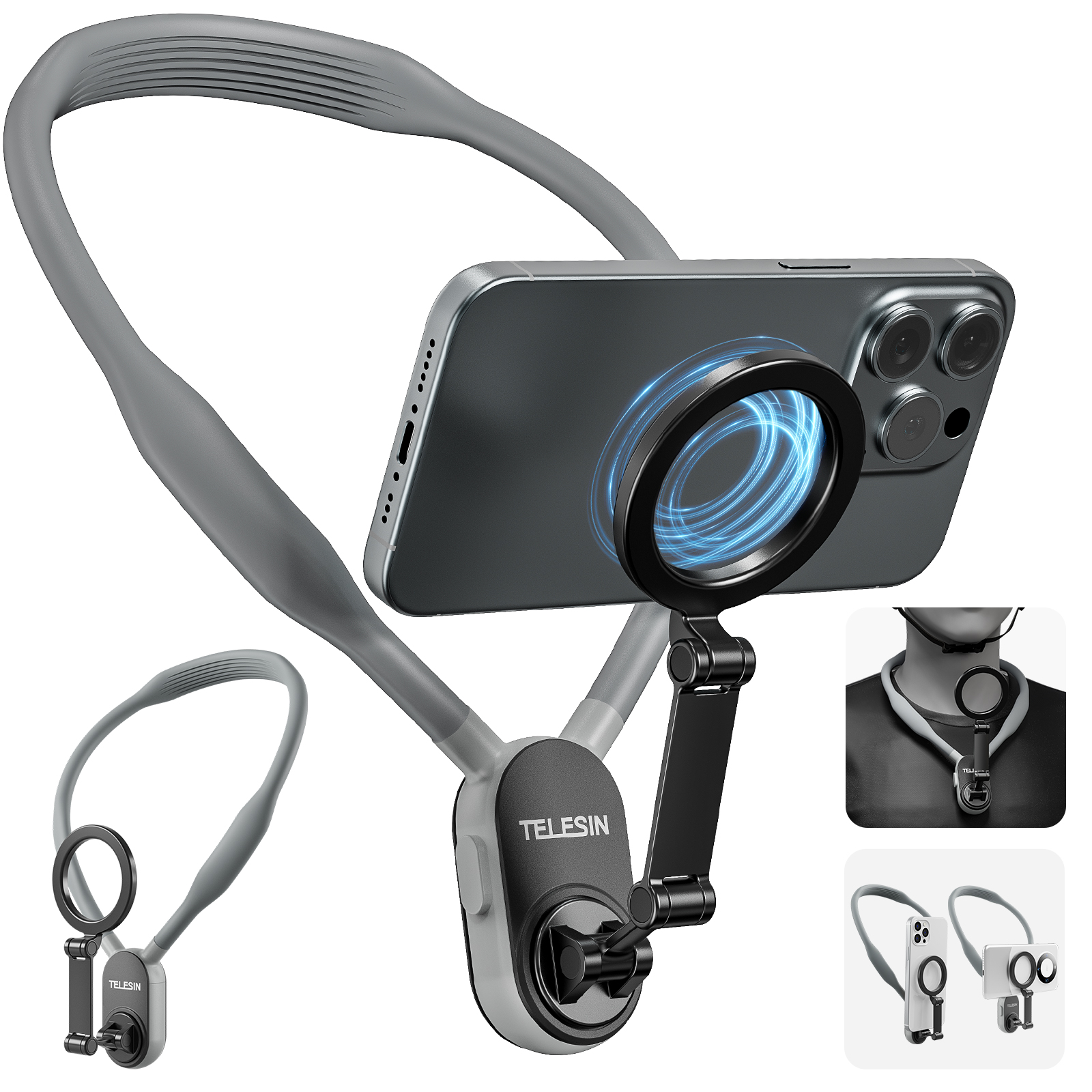 Grauer Nacken-Telefonhalter. Er hat einen Magnetring für ein Telefon, und ein Telefon ist befestigt.