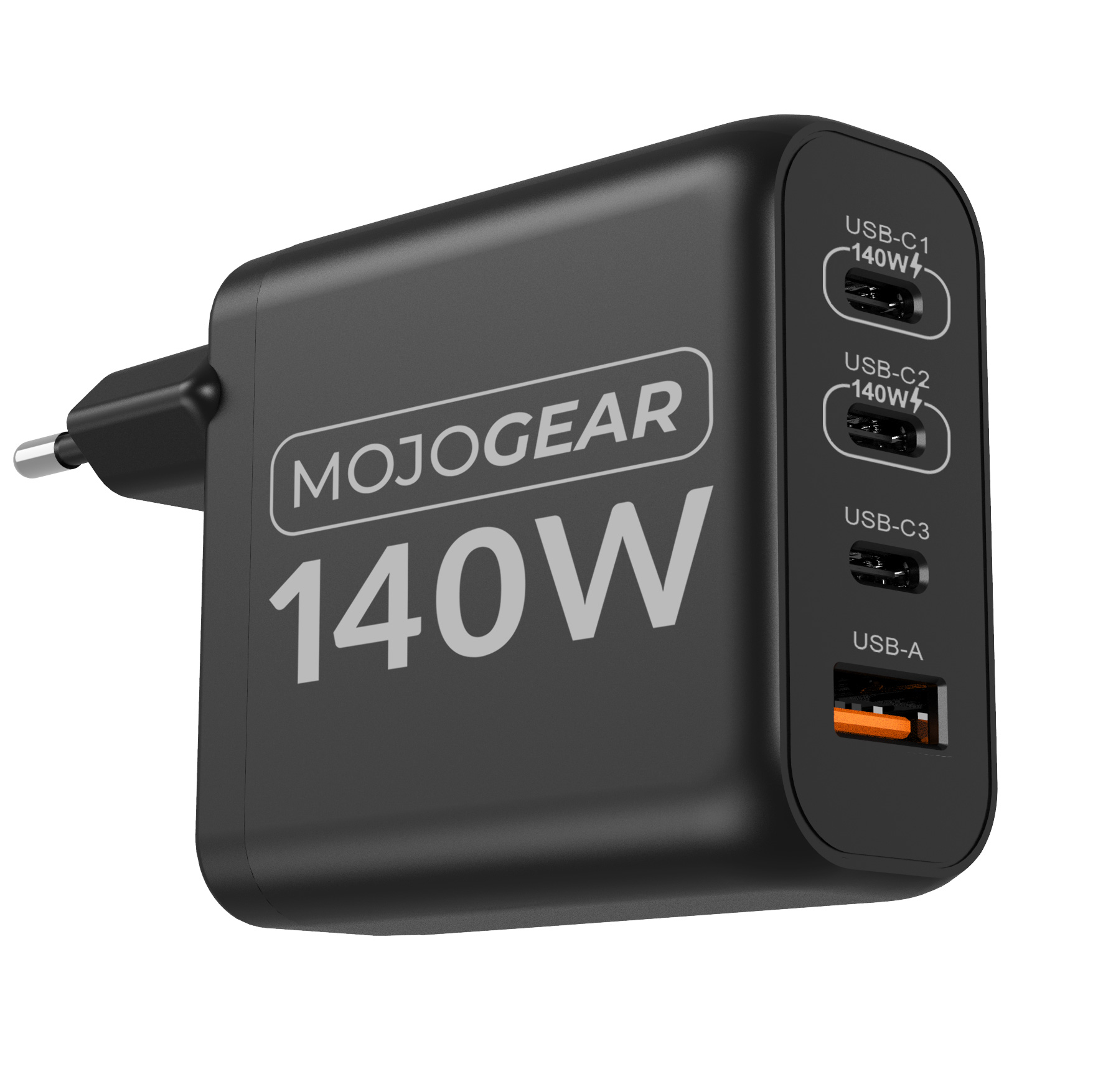 Zwarte MOJOGEAR 140W-oplader met meerdere USB-poorten, waaronder USB-C en USB-A.