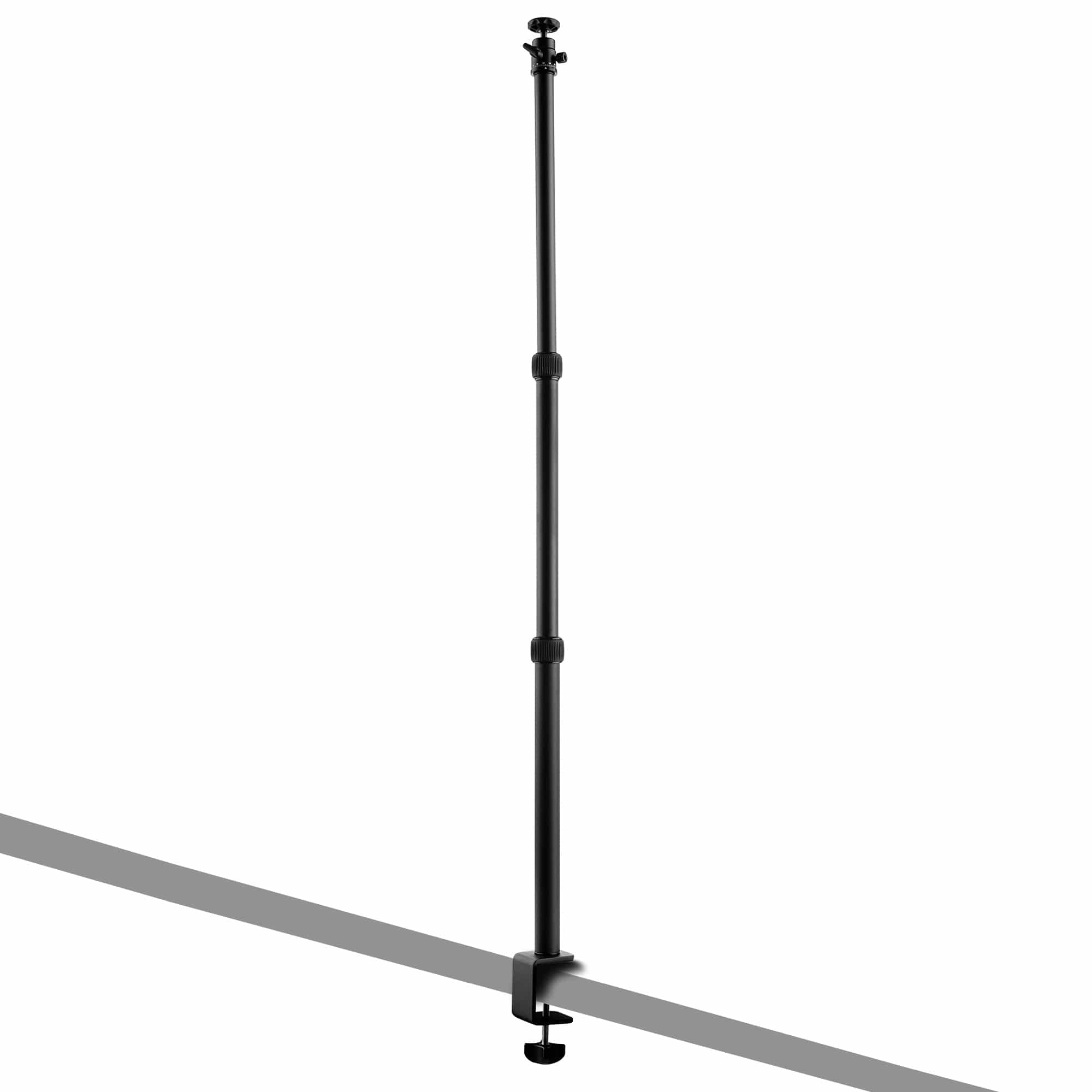Black telescopic stand clamped to a surface, extending upwards. White background.