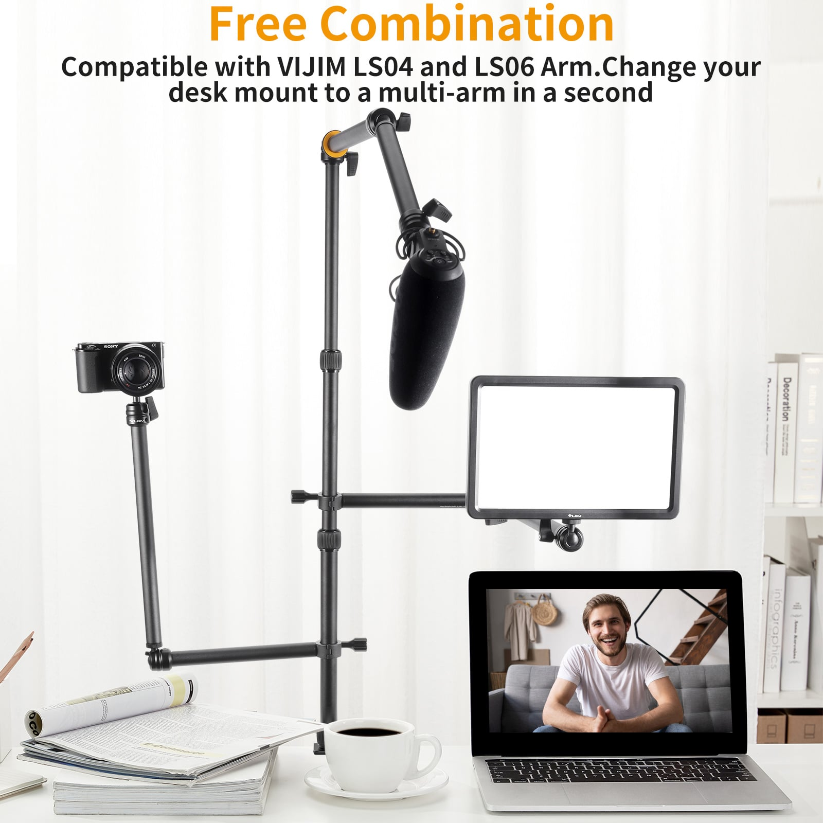 A desk setup features a camera, microphone, and light on adjustable arms, with a laptop displaying a video call.