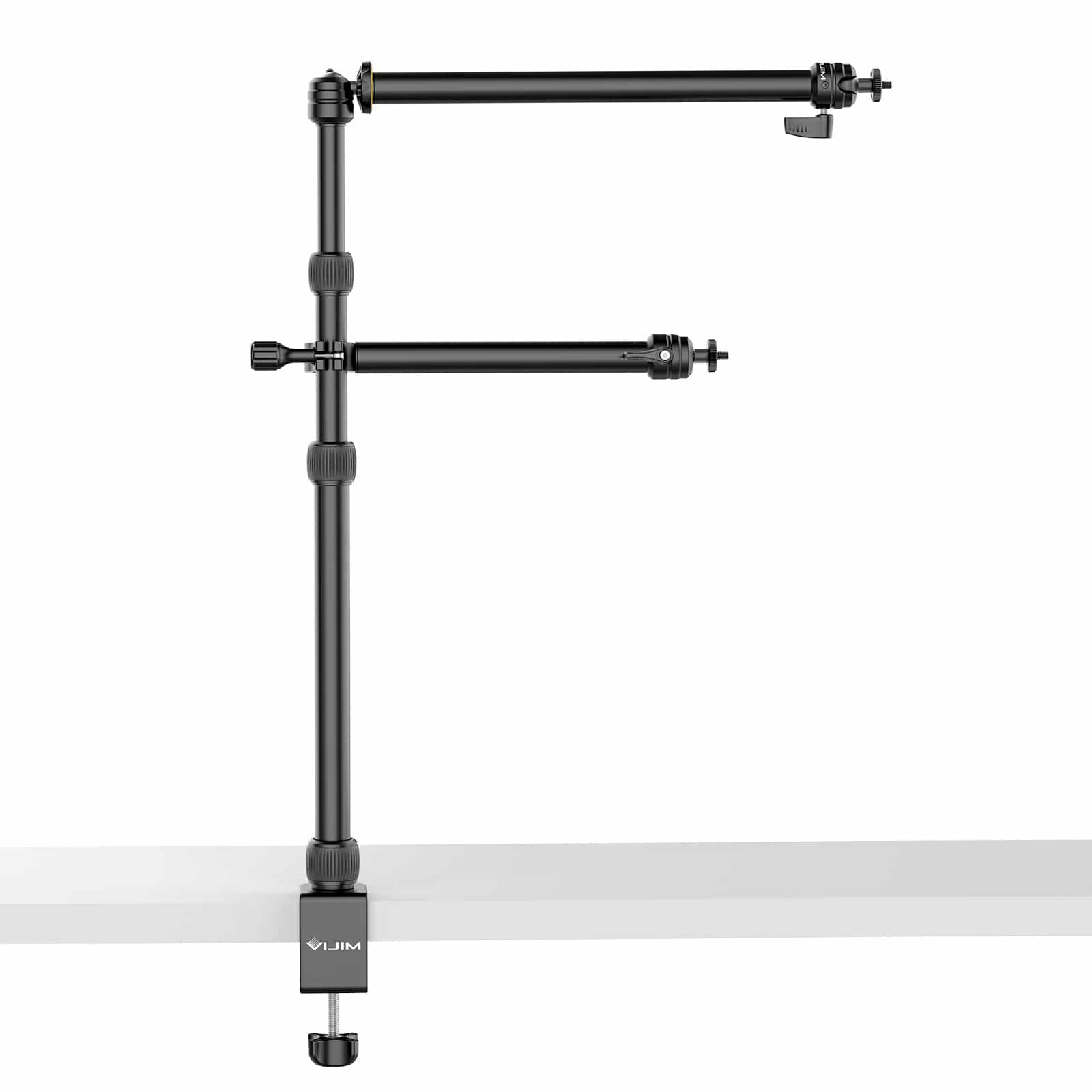 A black camera mount for a desk, with two arms and a clamp.