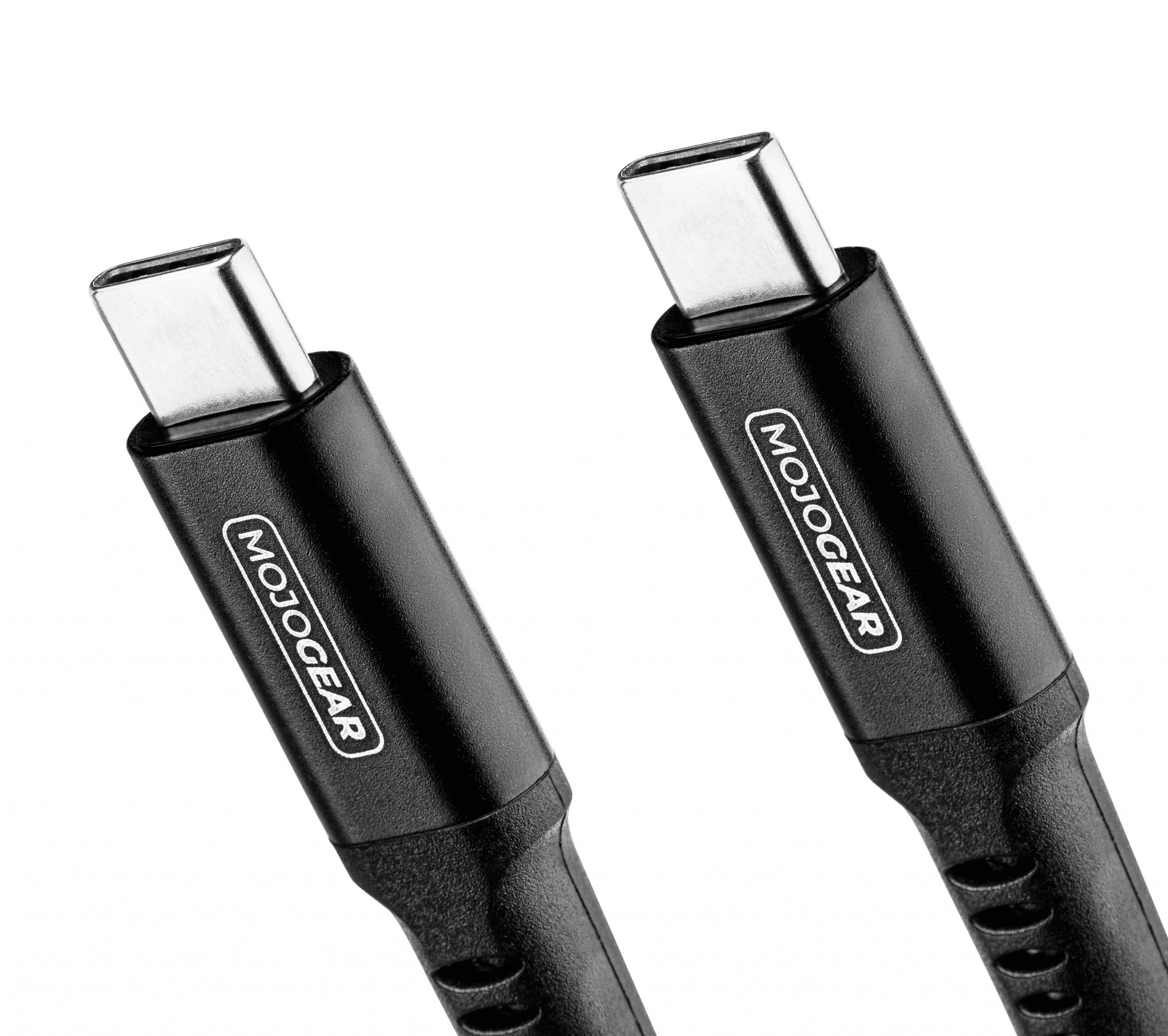 Zwei schwarze USB-C-Kabel mit dem MOJOGEAR-Logo vor weißem Hintergrund, Nahaufnahme.