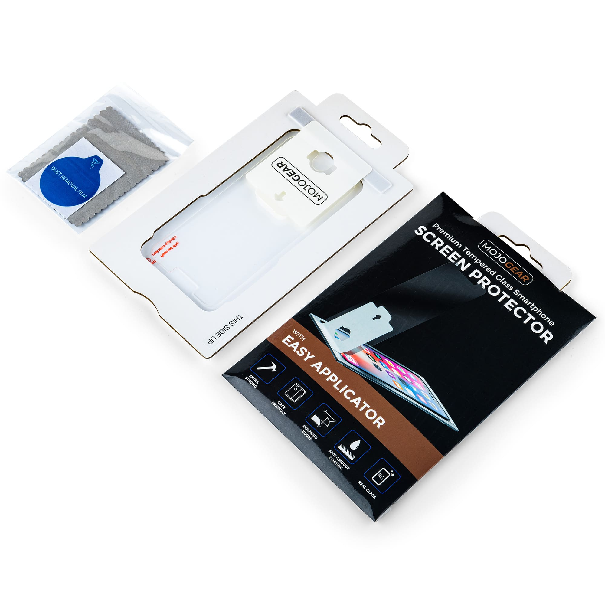 Smartphone screen protector kit. Includes screen protector, cleaning cloth, and packaging.