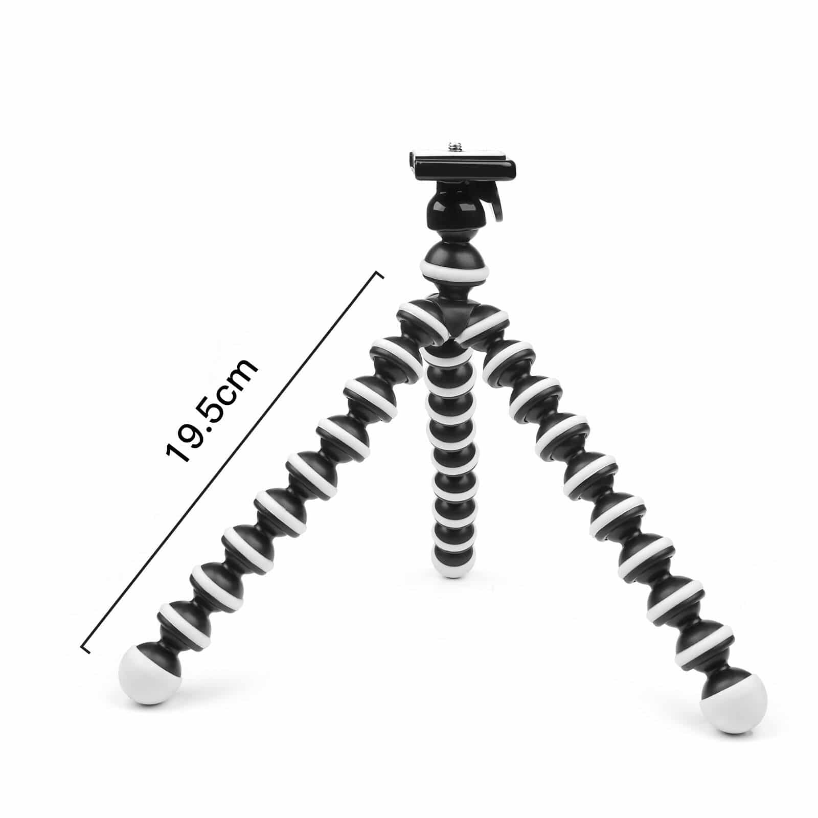 Black and white flexible tripod with a 19.5cm measurement along one leg.