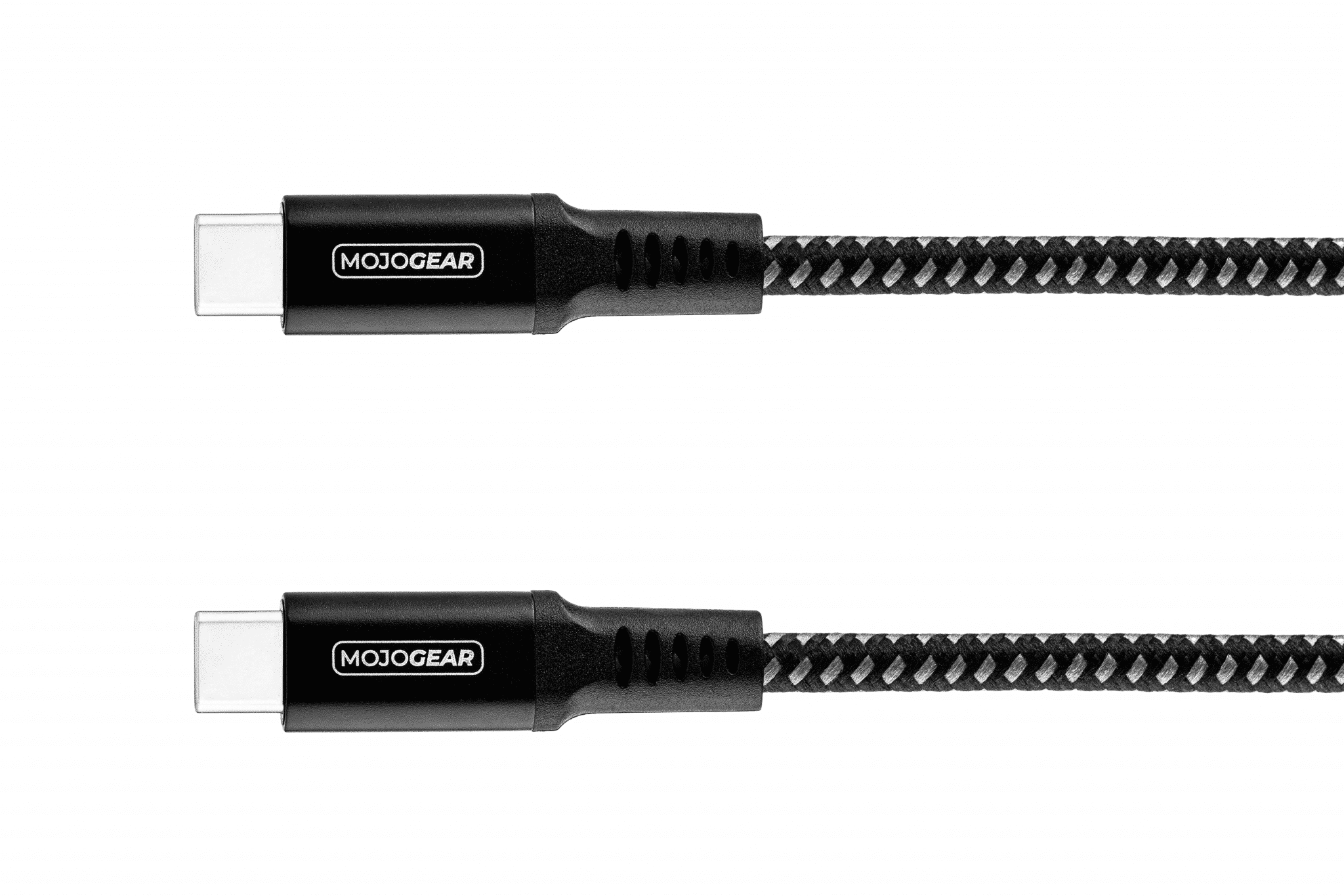 Twee zwarte USB-C-kabels met MOJOGEAR merknaam. Ze hebben een zwart-witte gevlochten kabel.
