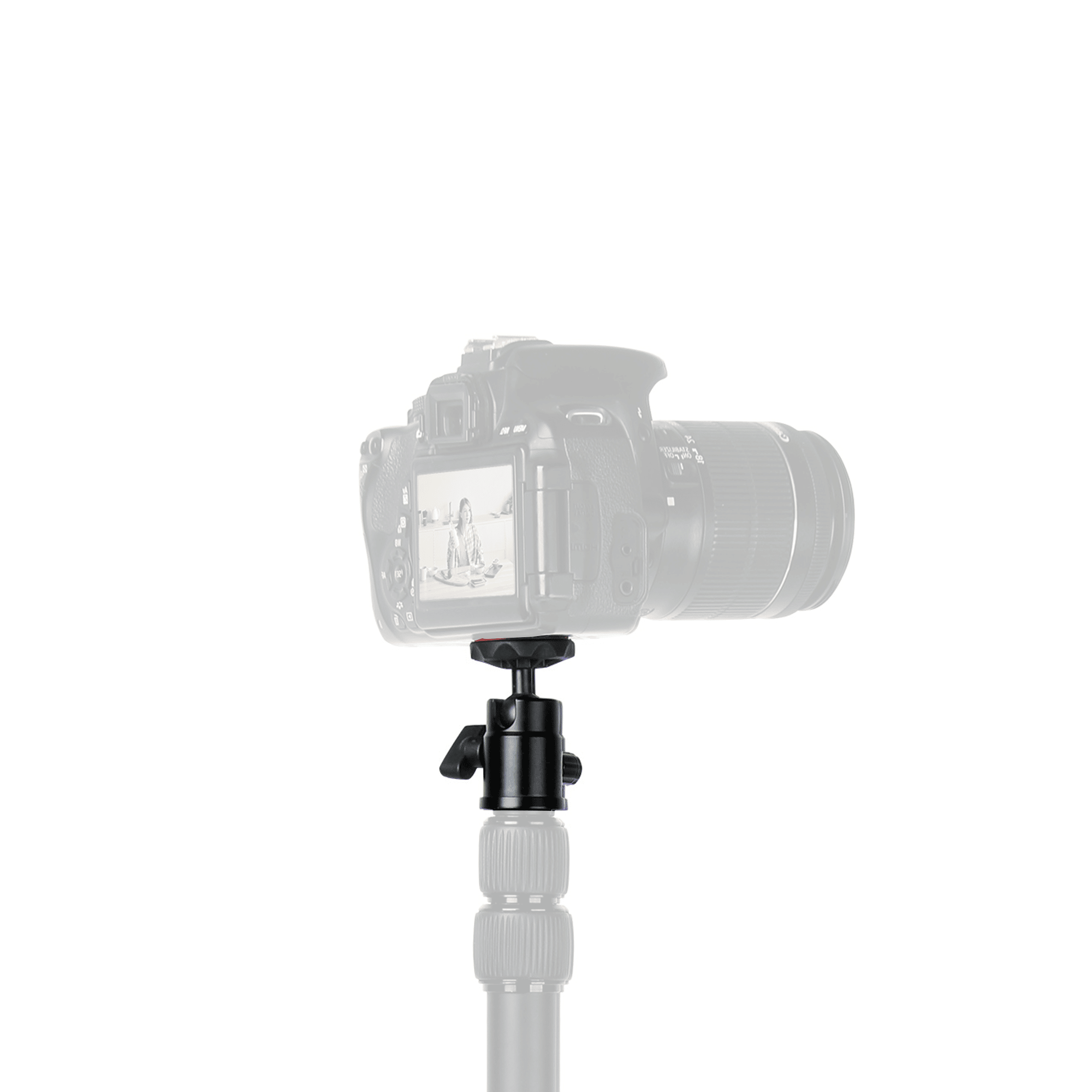 Black camera on a tripod head. The camera and tripod are on a white background.