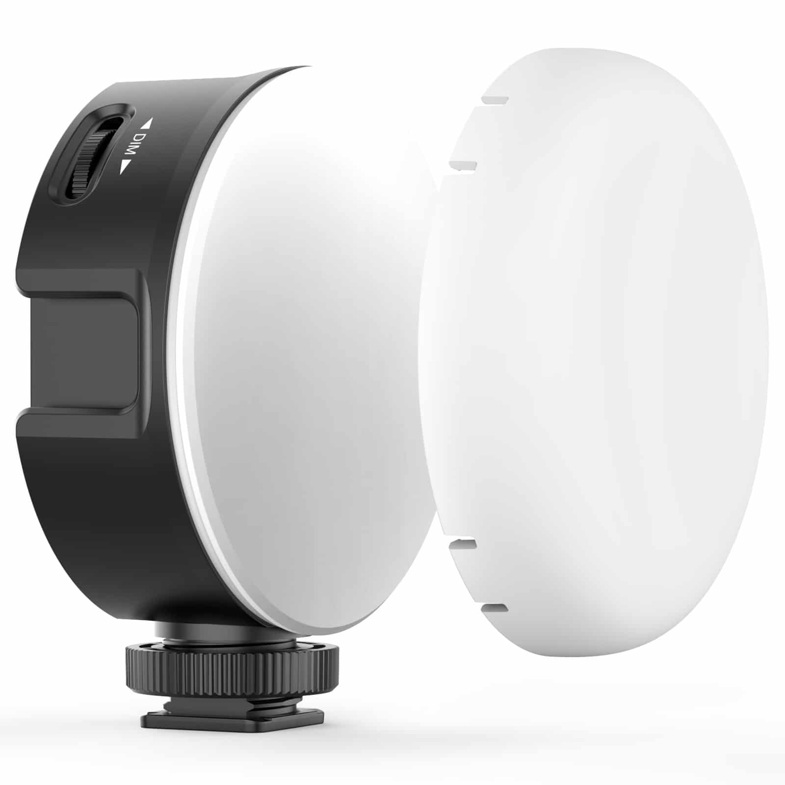 Black and white studio light with a dimming dial. A white diffuser is attached. Angled view.