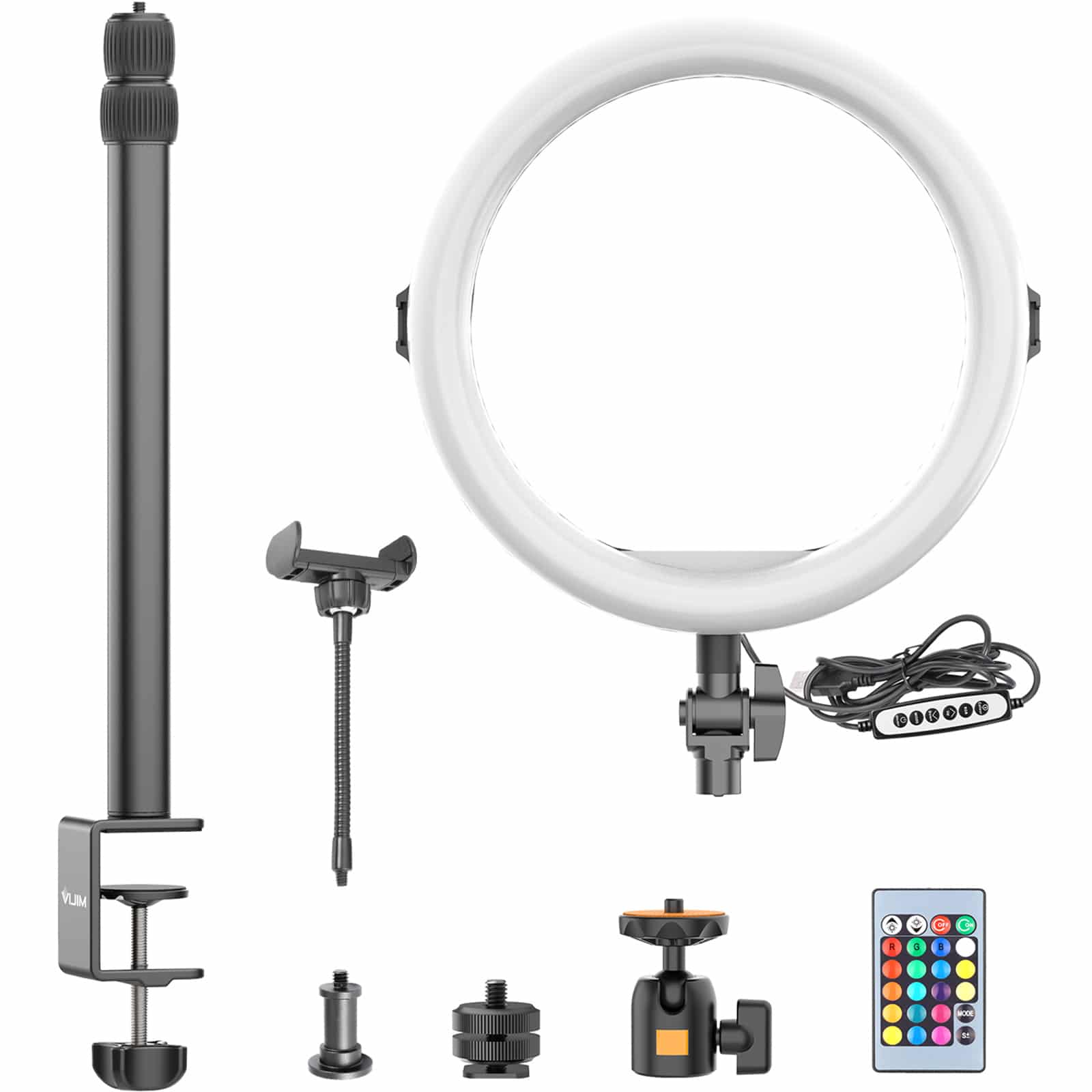 Ring light setup with a stand, phone holder, and remote control on a white background.