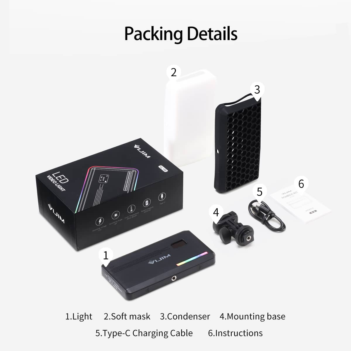 Pudełko z lampą wideo LED i akcesoriami, z etykietami.