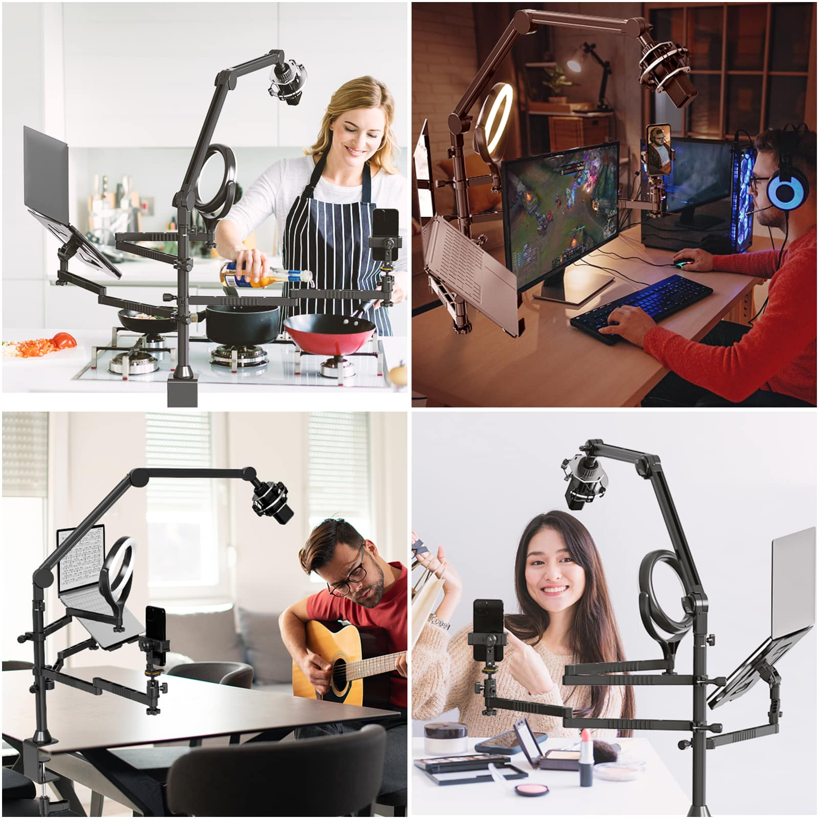 Multi-panel image showing various setups with mics, ring lights and laptops for content creation.