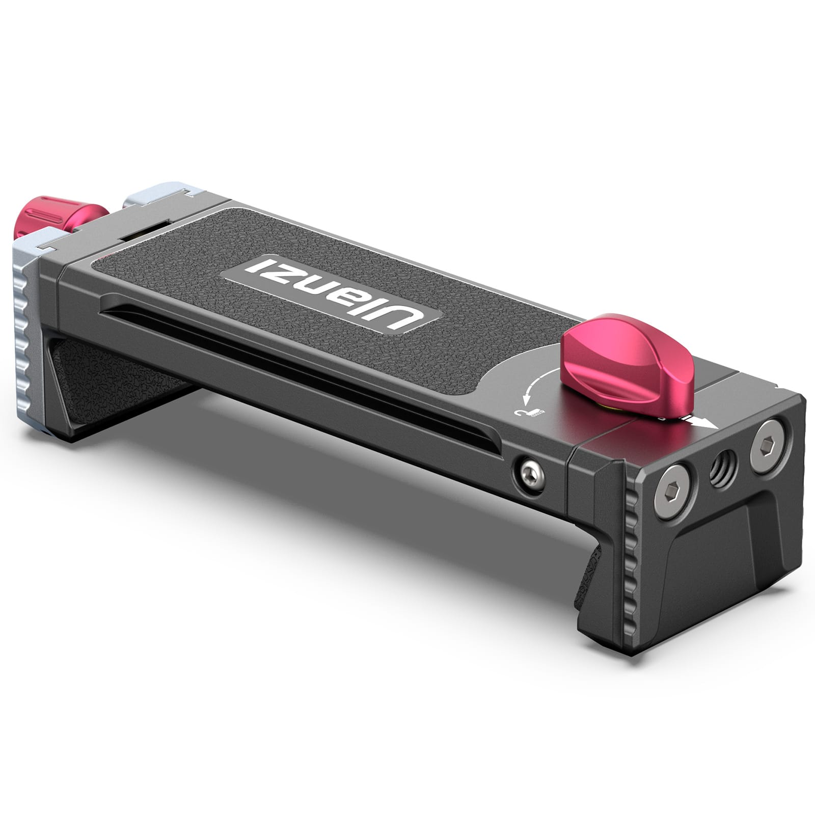 Czarny i srebrny uchwyt na telefon z czerwonym pokrętłem i teksturowanym uchwytem.