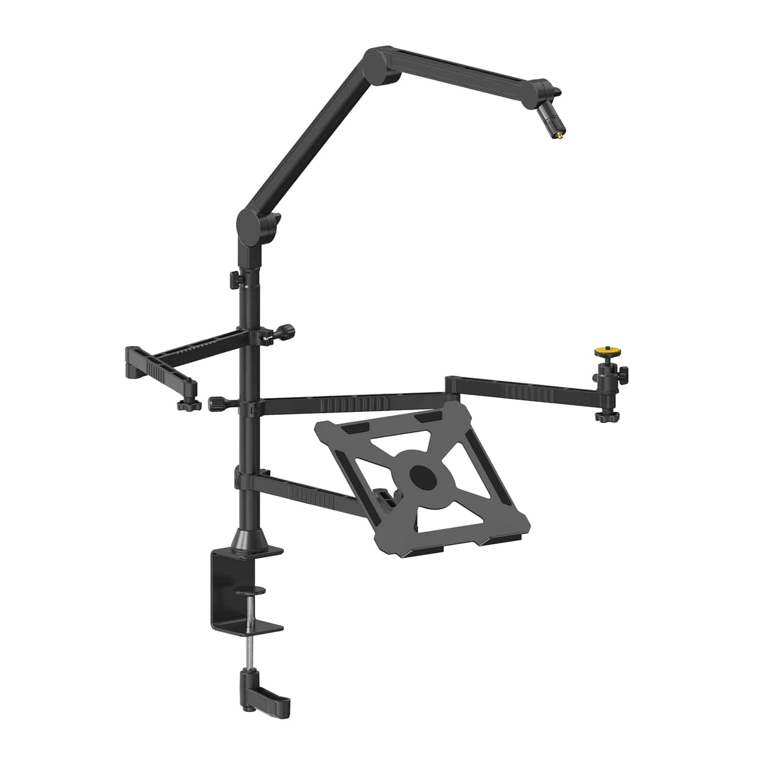 Black stand for electronic devices. It has various arms and a clamp. It has a platform to hold devices.
