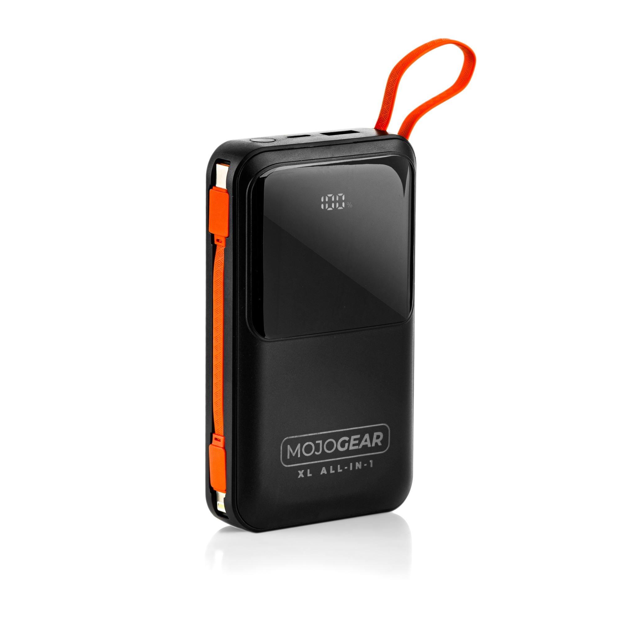Zwarte draagbare powerbank met oranje accenten. Het heeft een display en een lus.