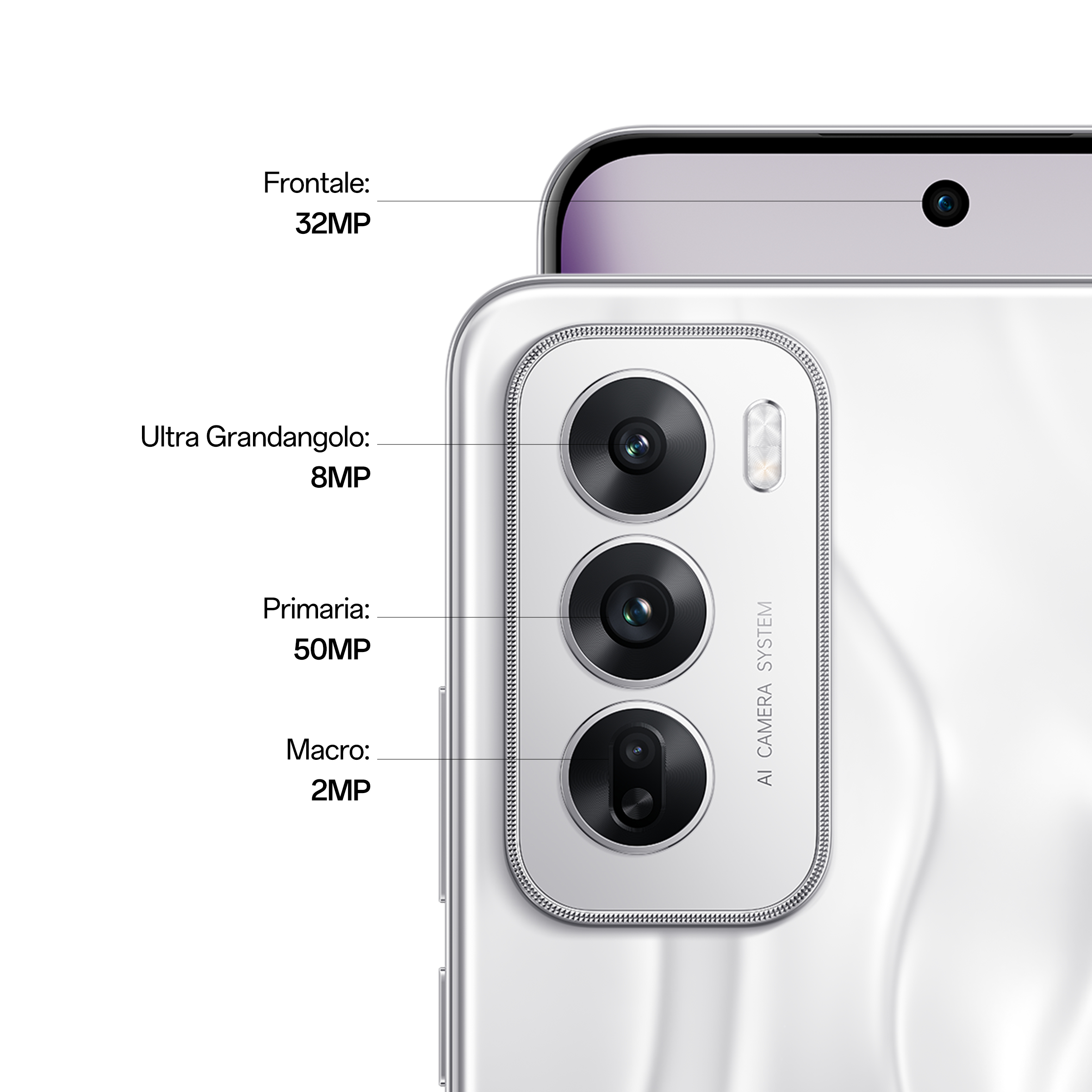 Un telefono bianco mostra tre fotocamere e le loro specifiche: 50MP, 8MP e 2MP. La fotocamera anteriore è da 32MP.