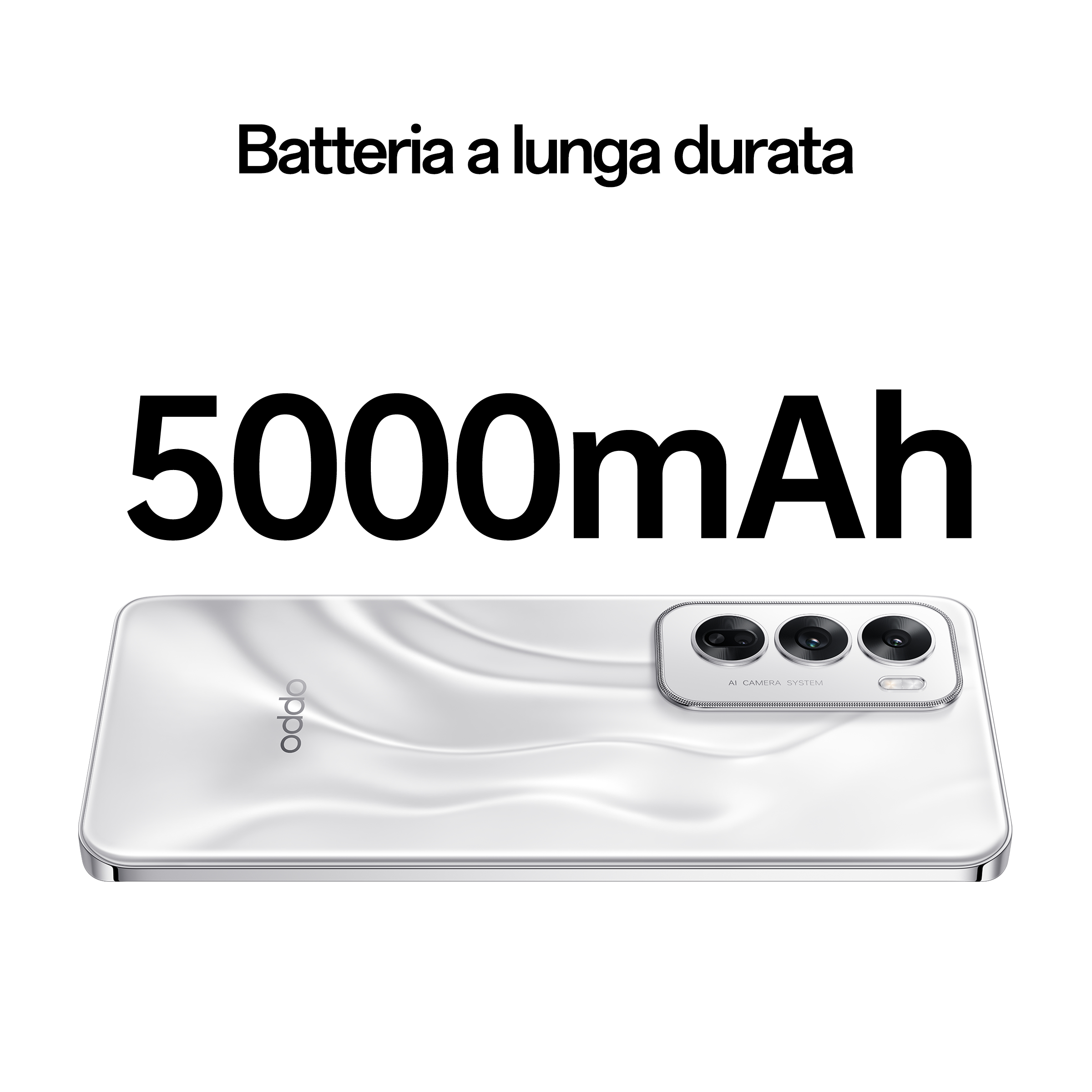 Un telefono Oppo bianco sdraiato sulla schiena. Testo sopra: Batteria a lunga durata, 5000mAh.