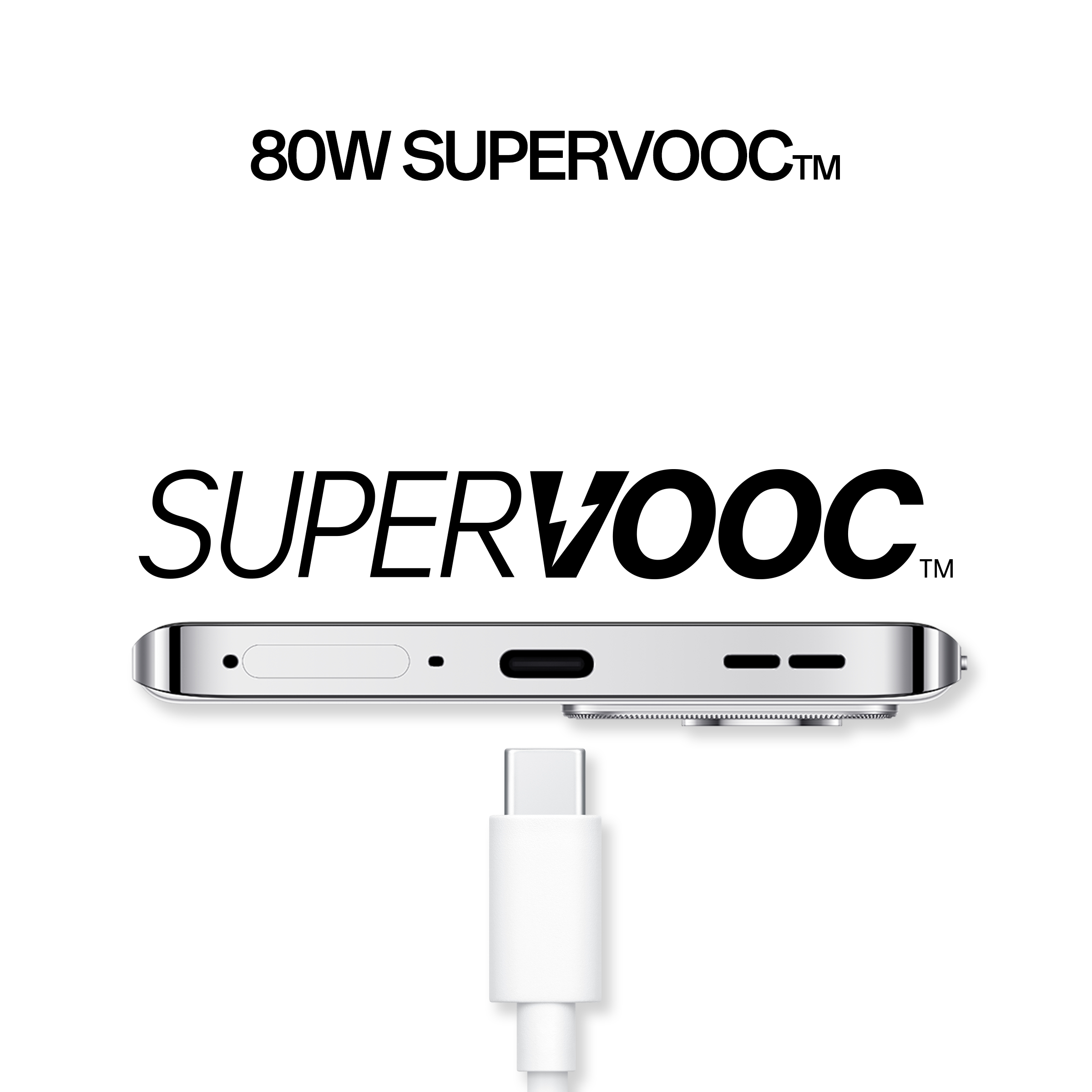 Bordo inferiore del telefono con porta di ricarica e logo SuperVOOC. Sfondo bianco.