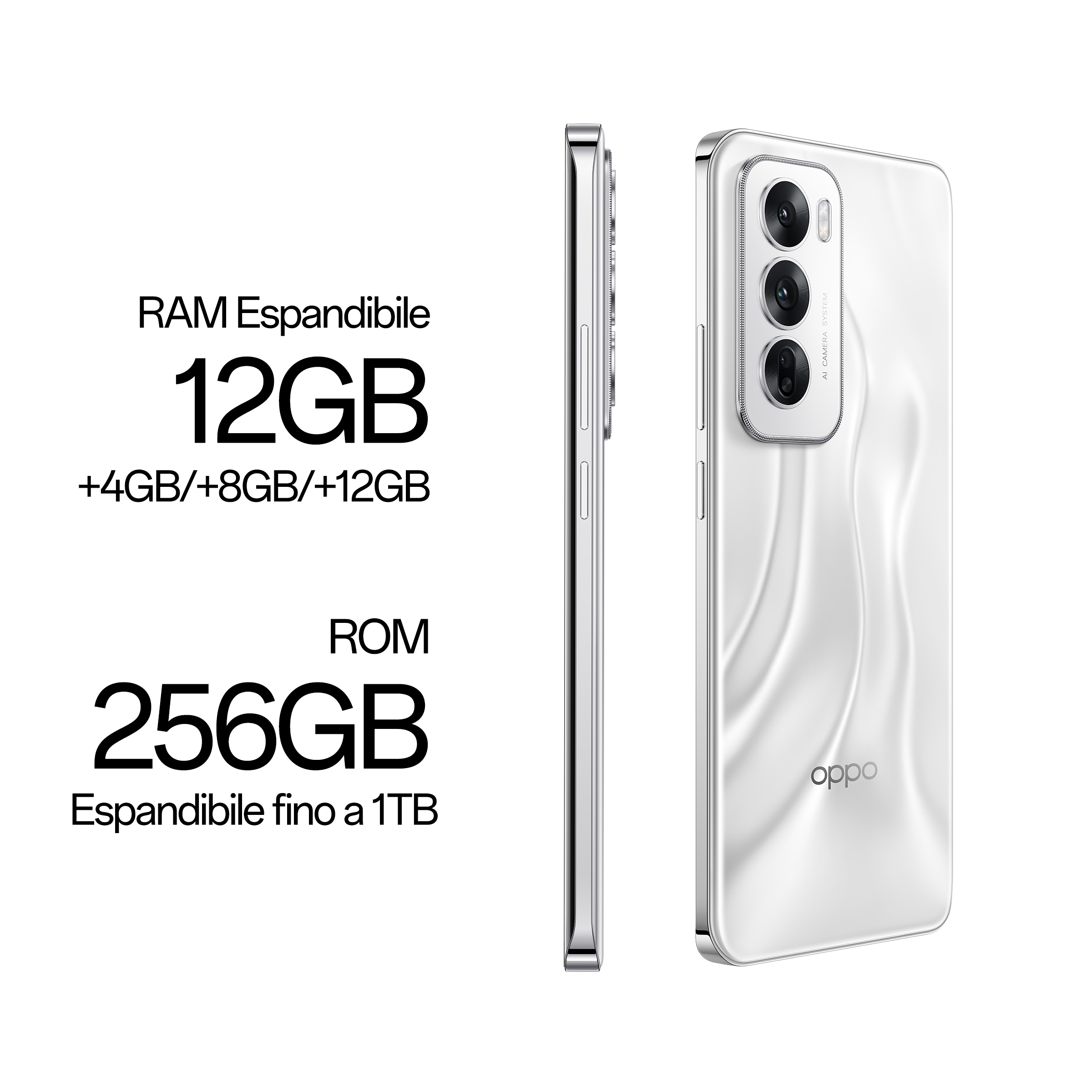 Telefono Oppo bianco che mostra le specifiche RAM e ROM, con configurazione a tripla fotocamera.