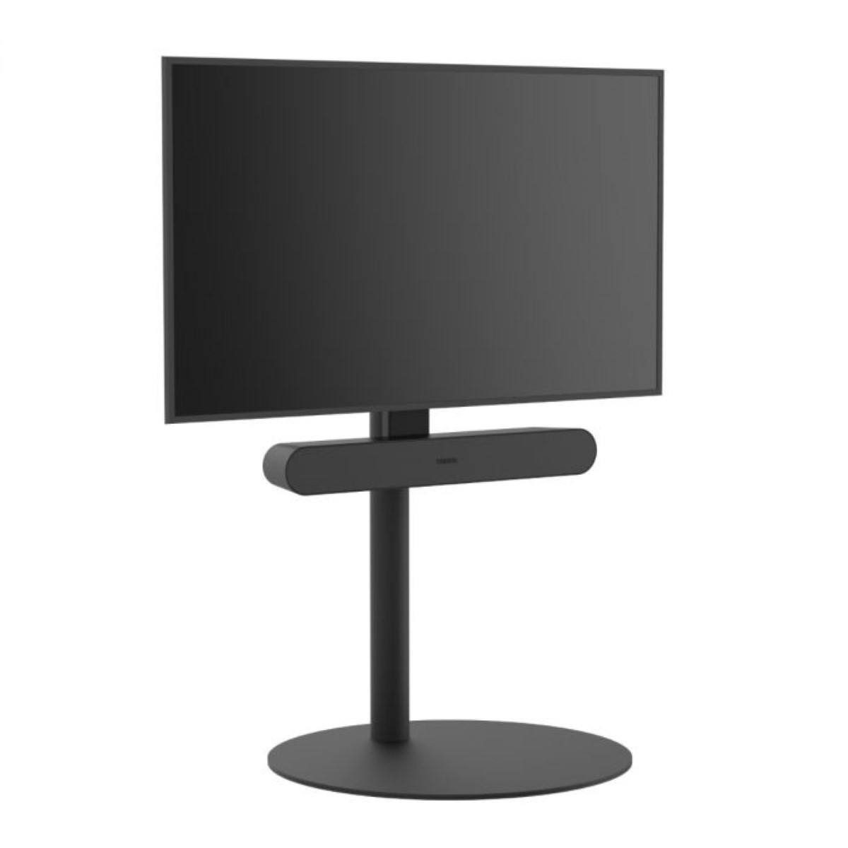Televisor negro en un soporte con una barra de sonido negra. Fondo negro.