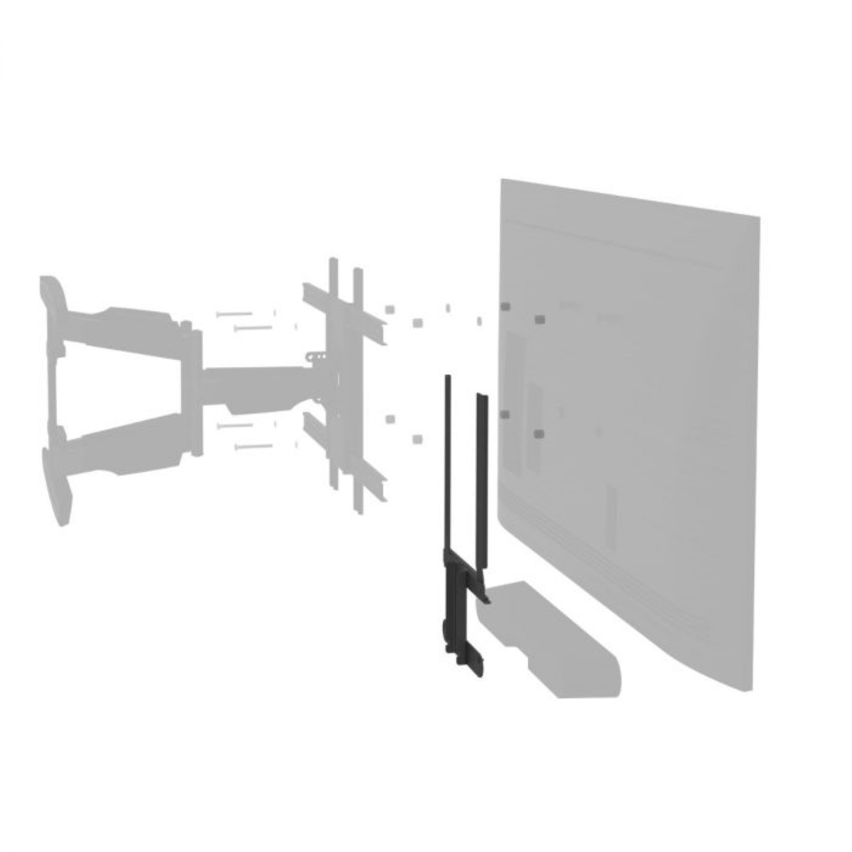 Componentes del kit de montaje en pared para TV, incluyendo soportes, tornillos y un panel trasero, aislados sobre fondo blanco.
