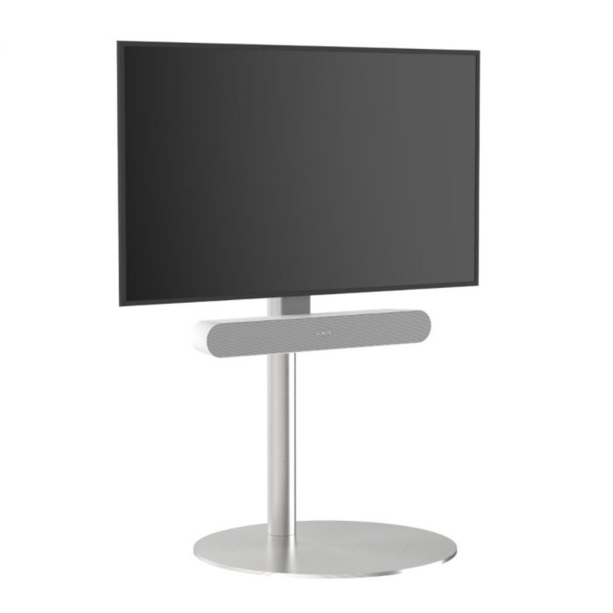 Televisor en un soporte blanco con base plateada y barra de sonido. Fondo blanco.