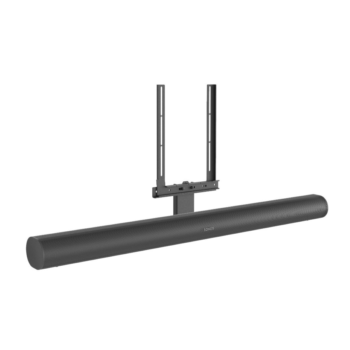 Zwarte soundbar onder een beugel gemonteerd. De achtergrond is wit.