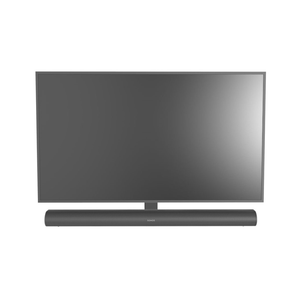 Tv en soundbar, zwart scherm, tegen een witte achtergrond. Soundbar onder het scherm.