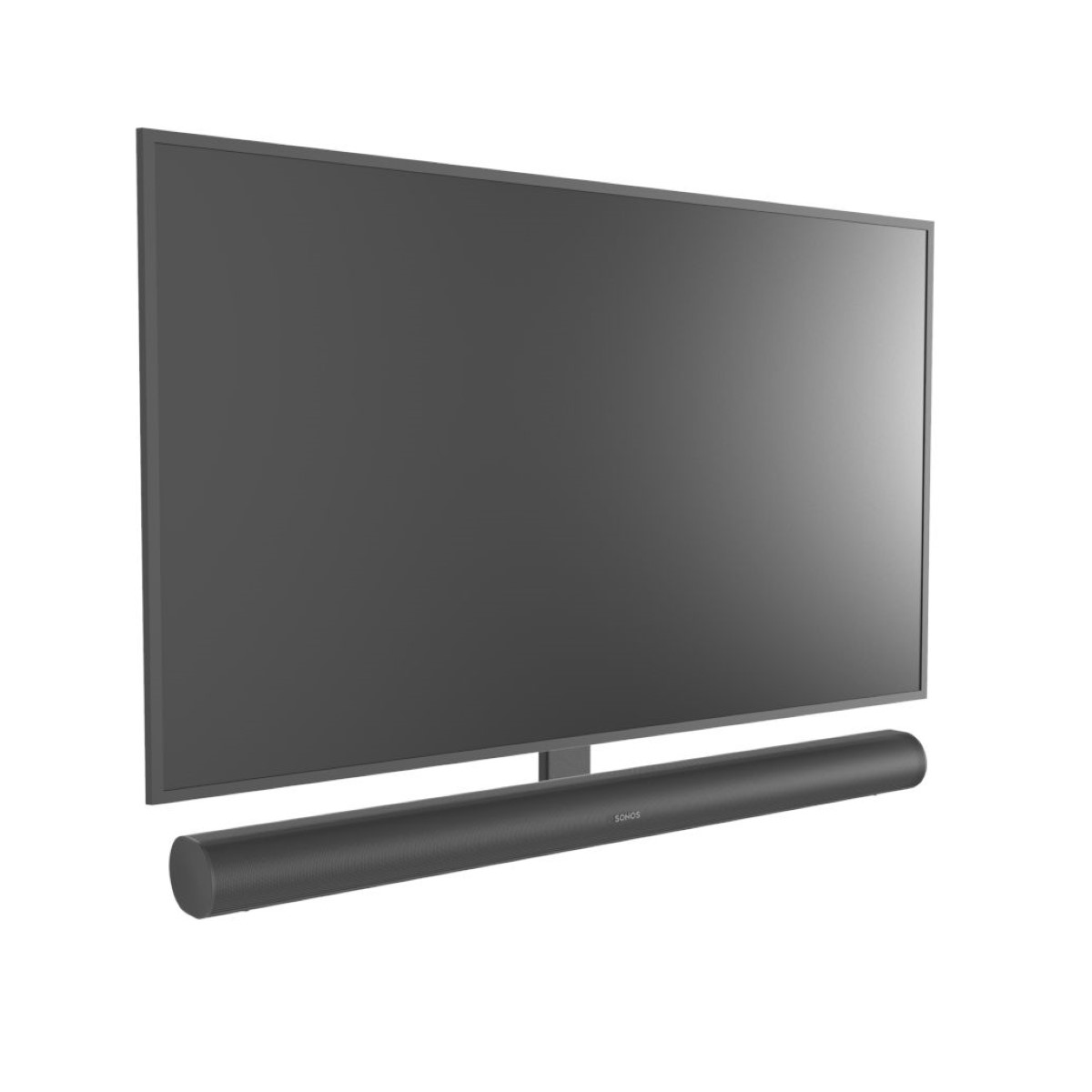 Zwarte soundbar voor een grote zwarte tv. De tv is aan de muur gemonteerd.