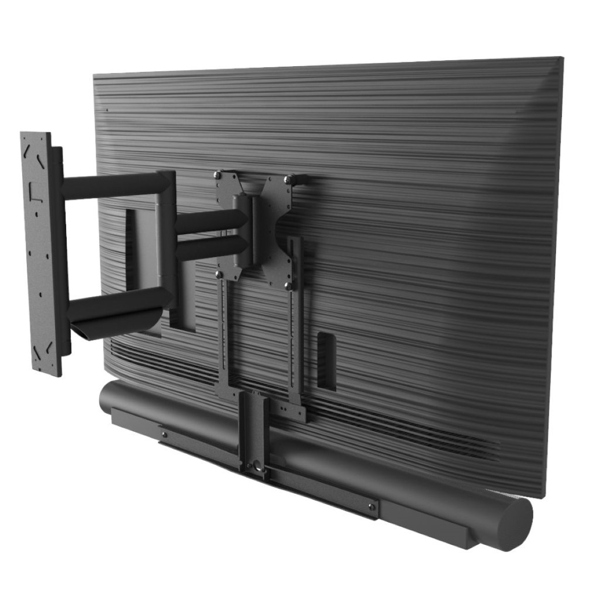 Televisie en montagebeugel. Een tv is met een beugel en soundbar aan de muur bevestigd.