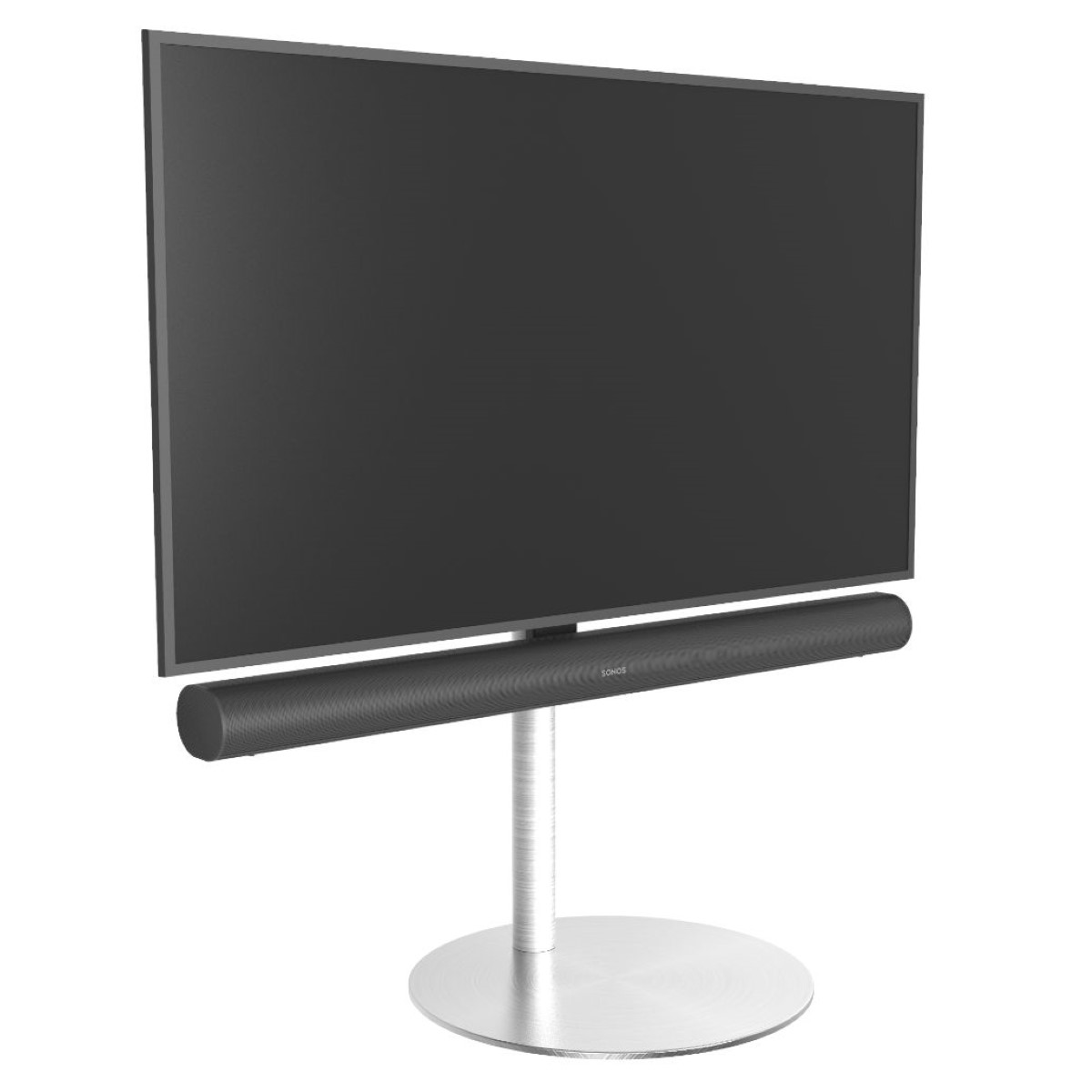 Zwarte tv op een standaard met een zilveren soundbar. Witte achtergrond.