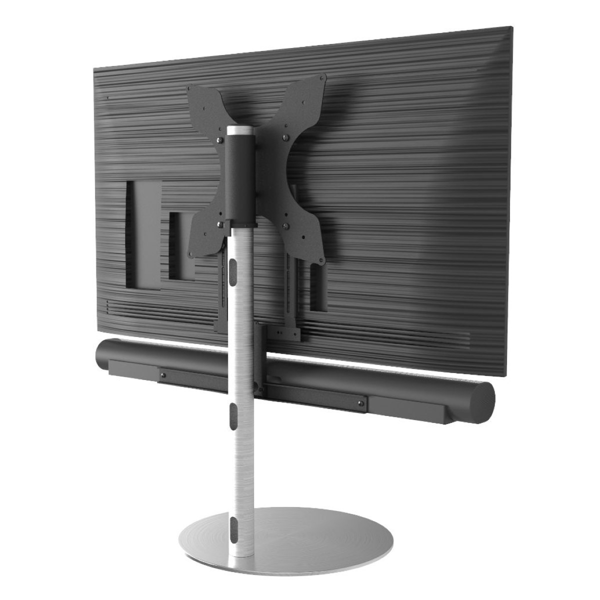 Achteraanzicht van een tv op een standaard. De standaard heeft een tv-bevestiging en een balk.