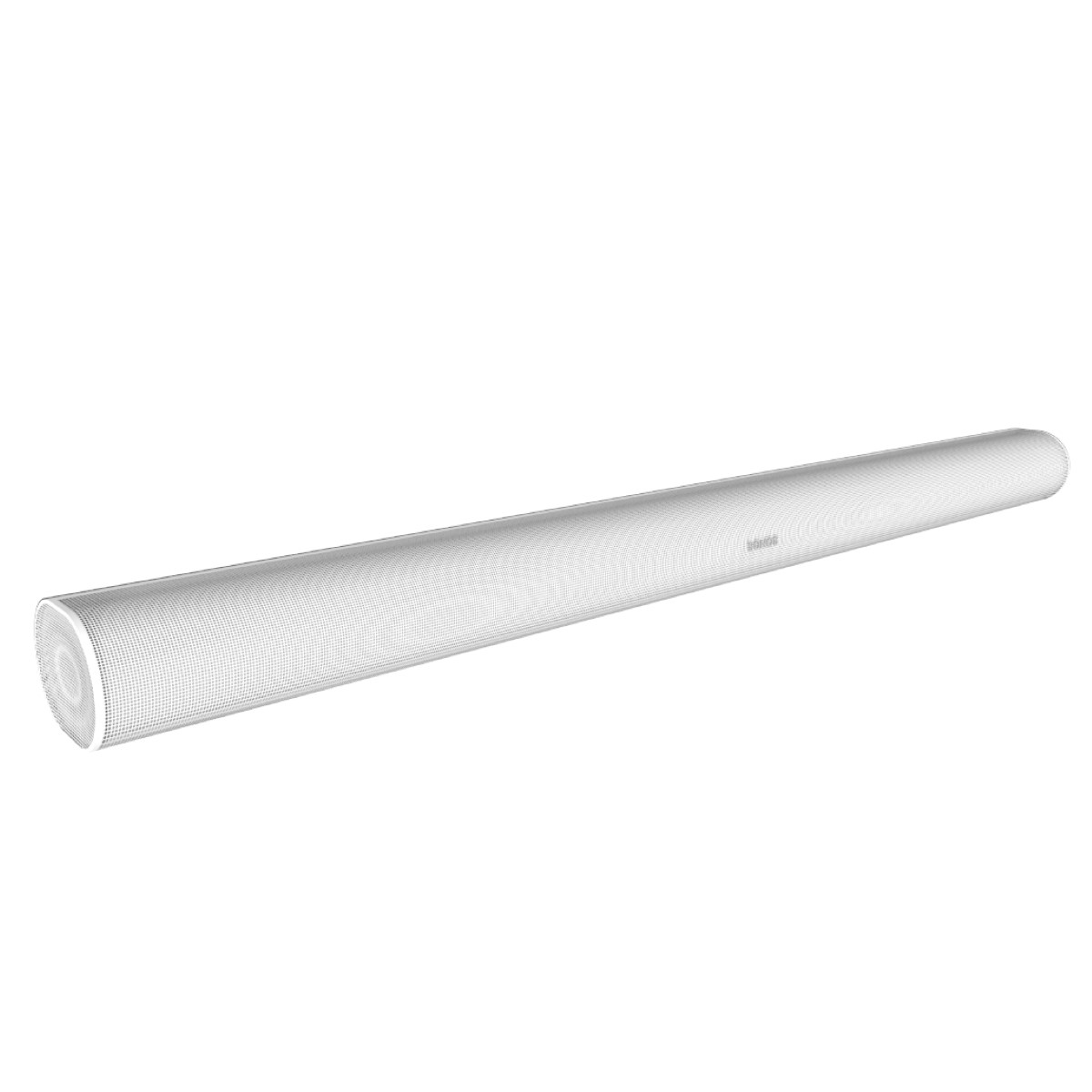 Una barra de sonido cilíndrica larga y blanca sobre un fondo blanco, con la palabra 'Definitive'.
