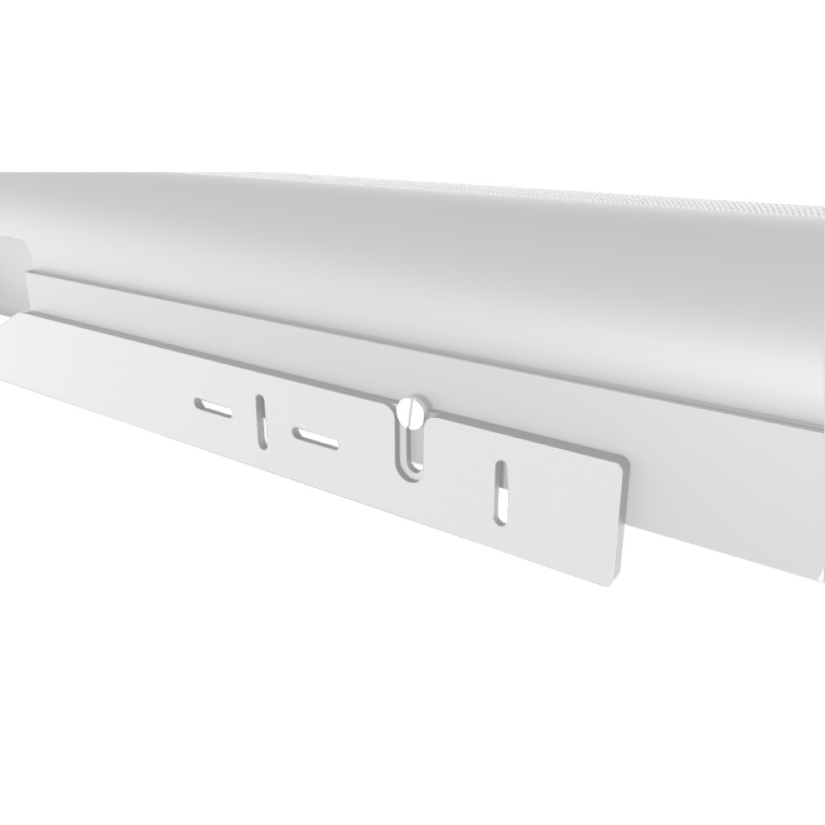Una barra de sonido blanca con un soporte de montaje blanco. El soporte está sujeto a la barra con tornillos.