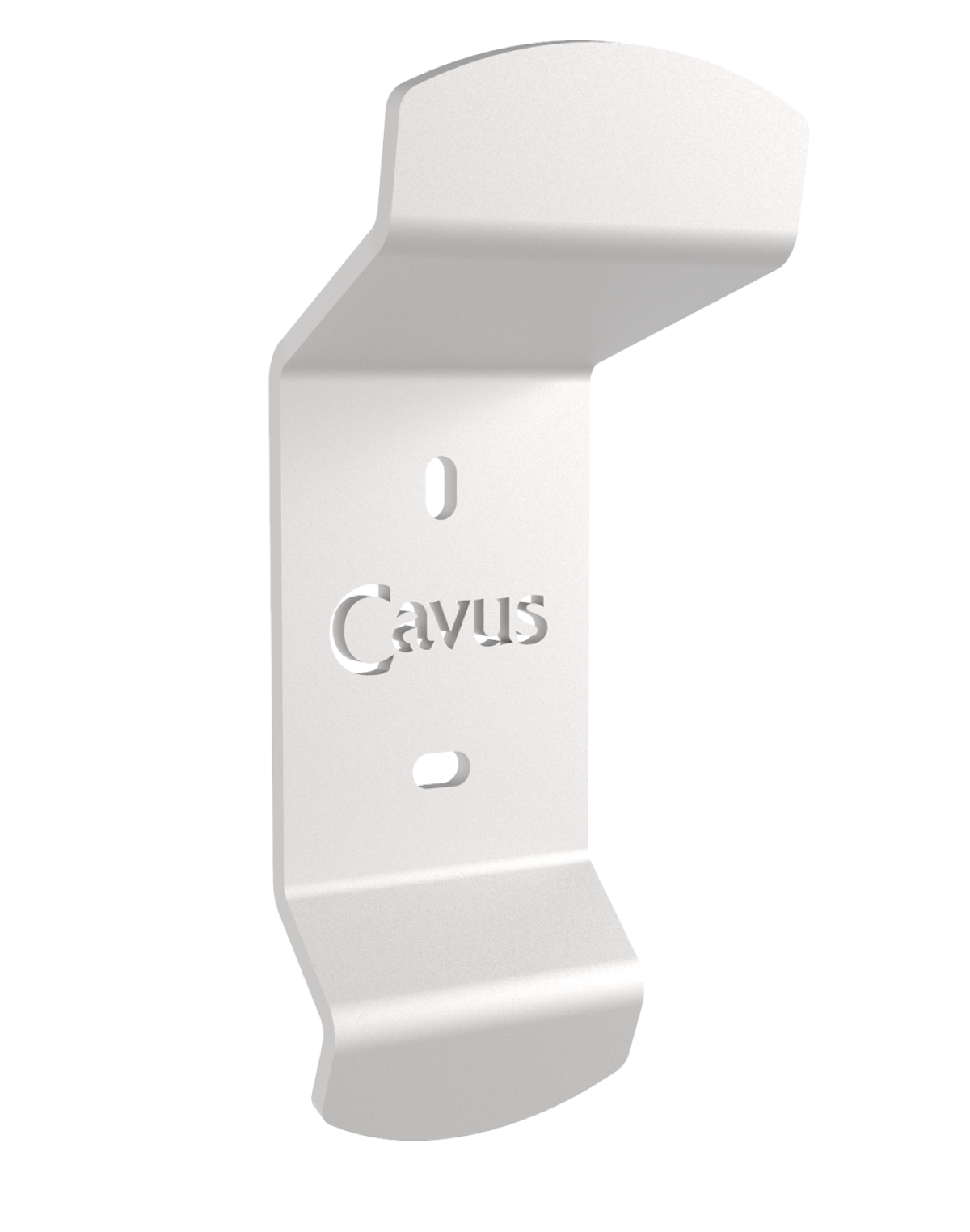 Een witte muurbeugel. Het heeft het woord "Cavus" erop. Het is een gebogen vorm met twee gaten.