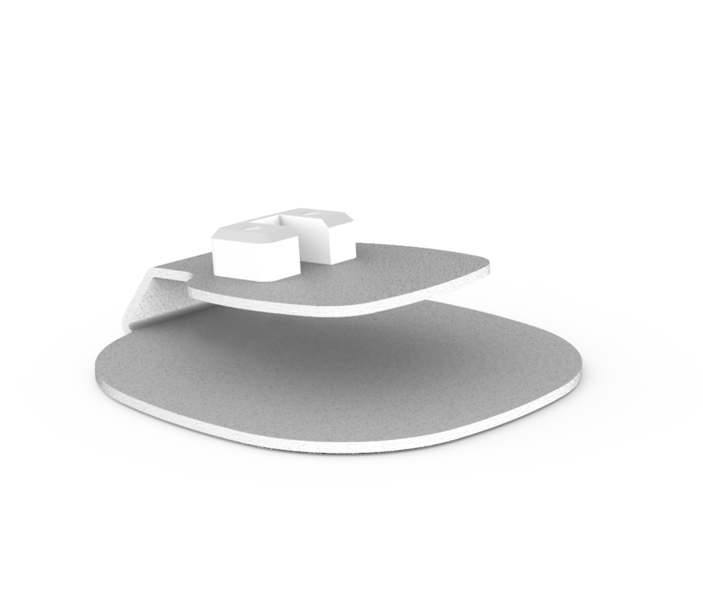 Luidsprekerbevestiging. Twee platen, de ene boven de andere. Een witte connector in het midden.